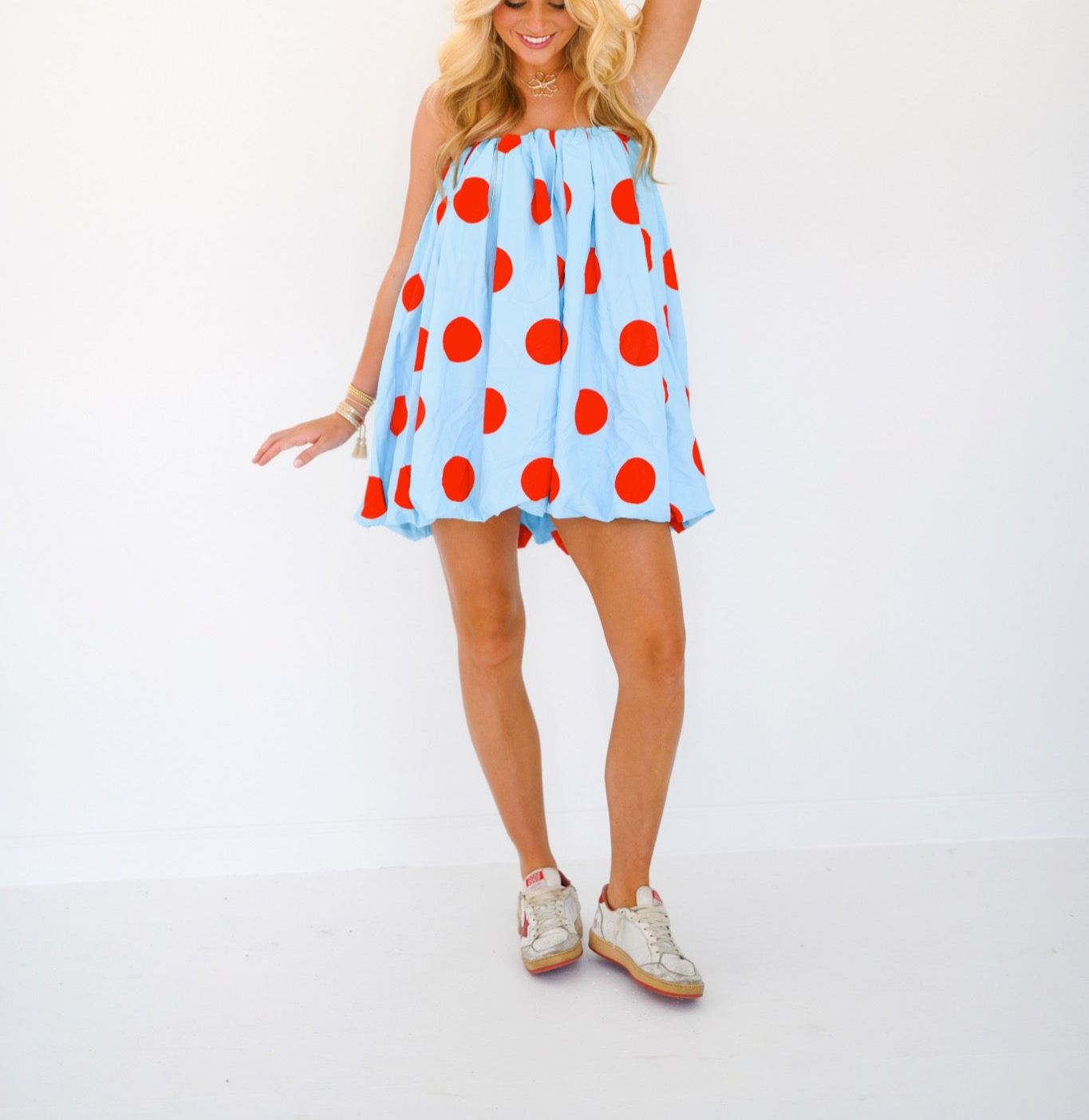 Kylee Mini Bubble Dress - Powder Blue/Red