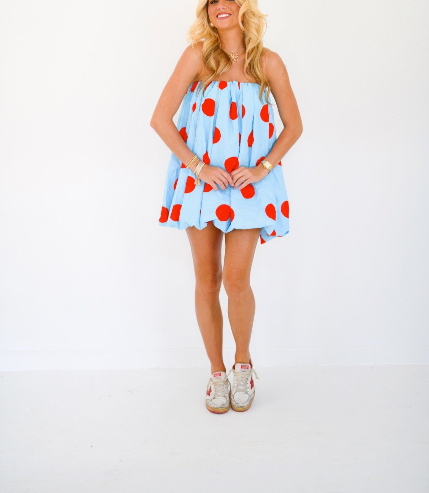 Kylee Mini Bubble Dress - Powder Blue/Red