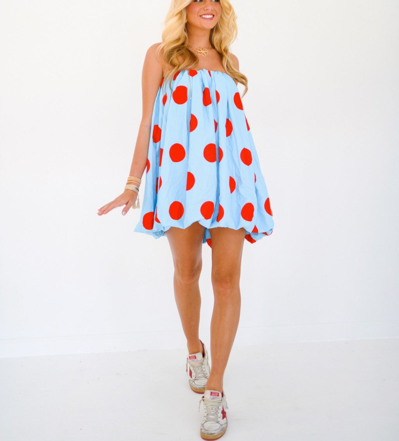 Kylee Mini Bubble Dress - Powder Blue/Red