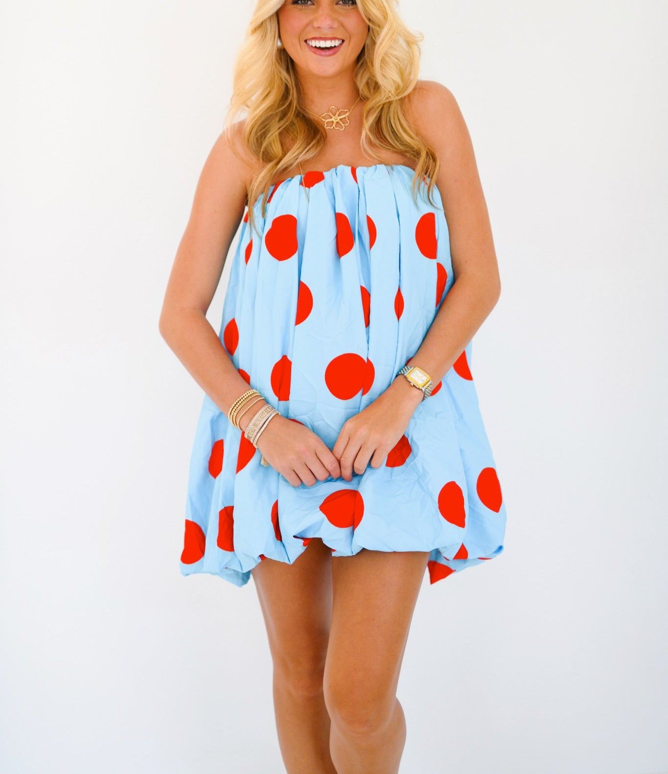 Kylee Mini Bubble Dress - Powder Blue/Red