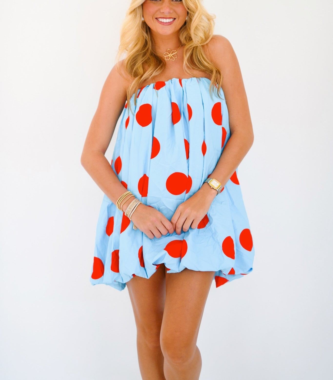 Kylee Mini Bubble Dress - Powder Blue/Red