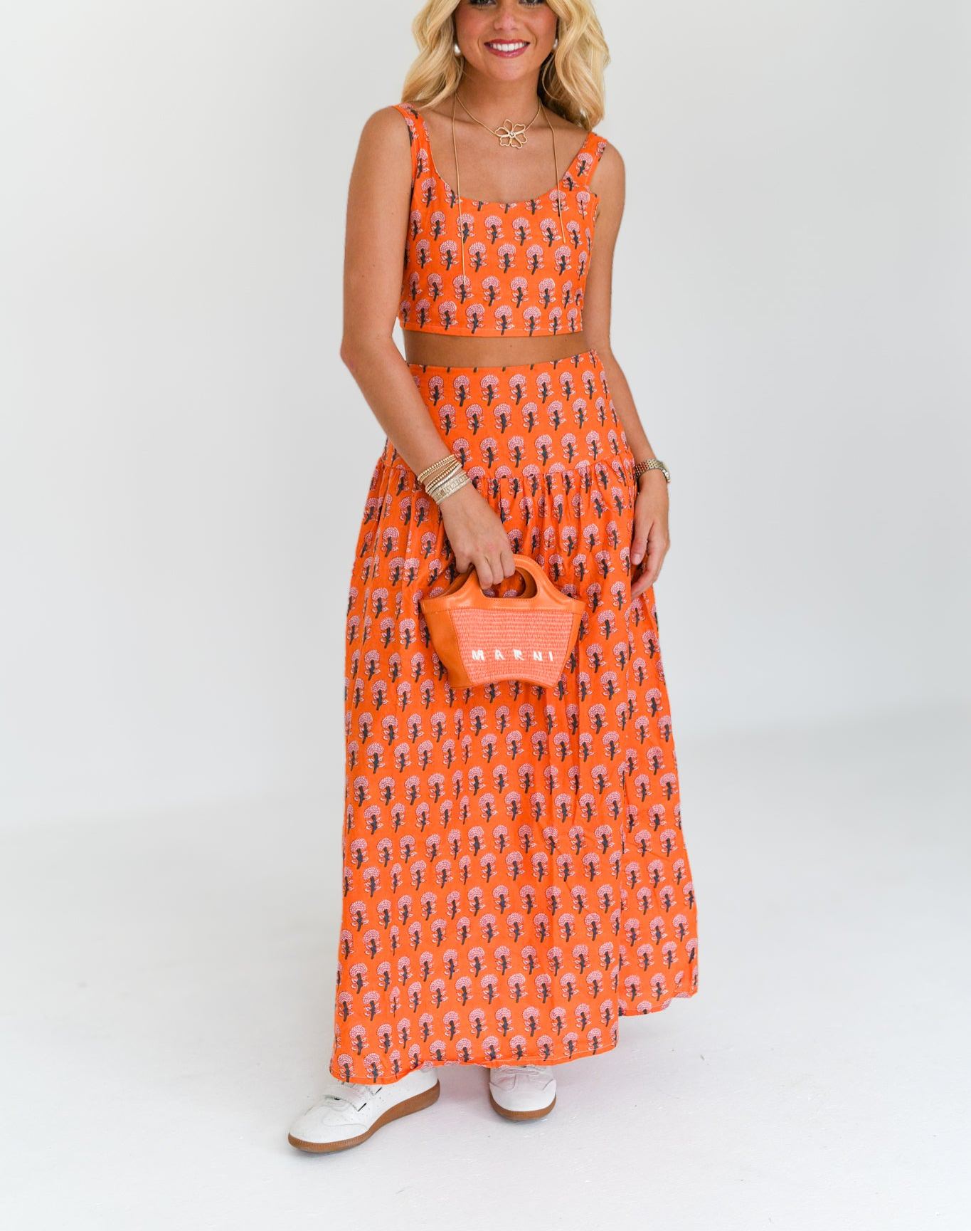 Ivy Maxi Skirt Set - Orange Blockprint (PREORDER)