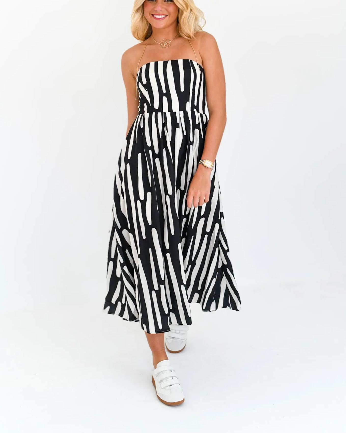 Lainey Strapless Abstract Midi Dress - Black/White 