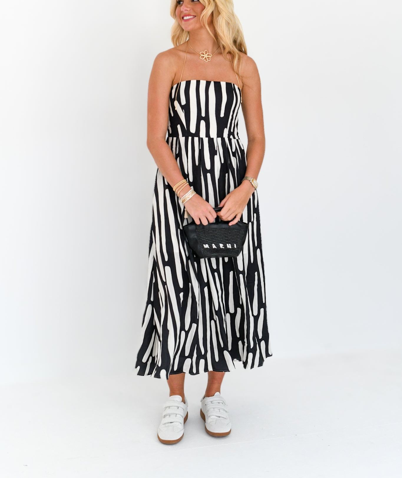 Lainey Strapless Abstract Midi Dress - Black/White 
