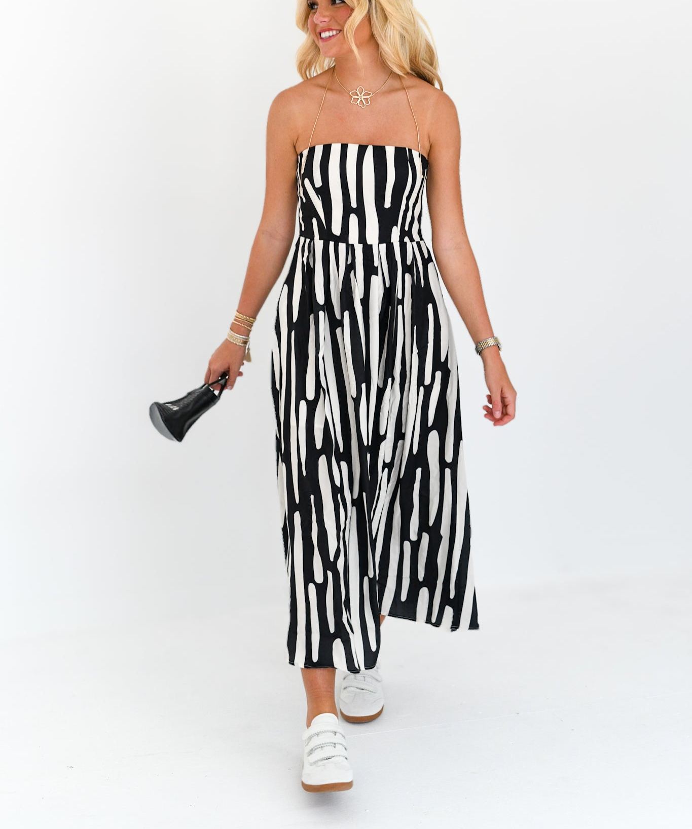 Lainey Strapless Abstract Midi Dress - Black/White 