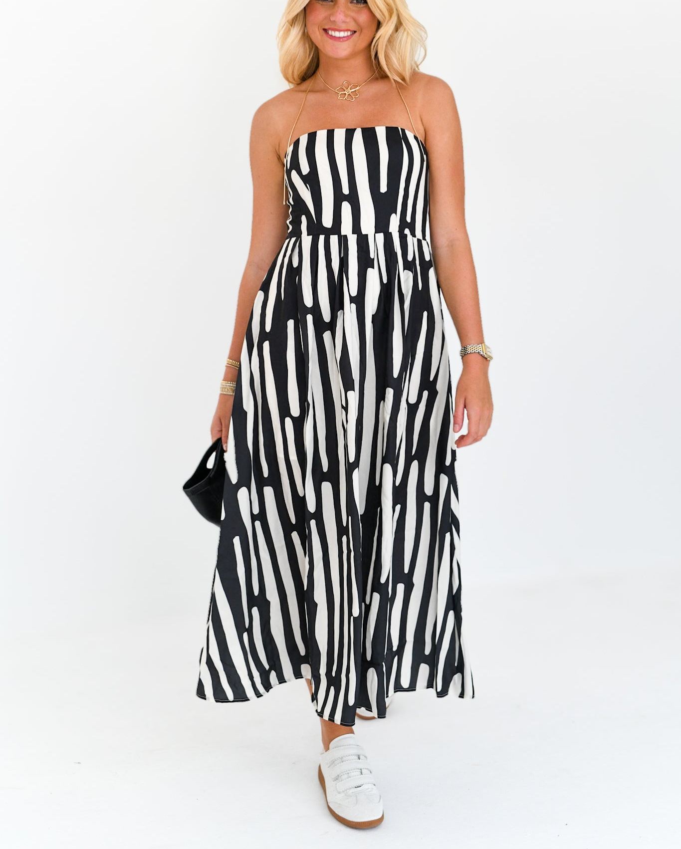 Lainey Strapless Abstract Midi Dress - Black/White 