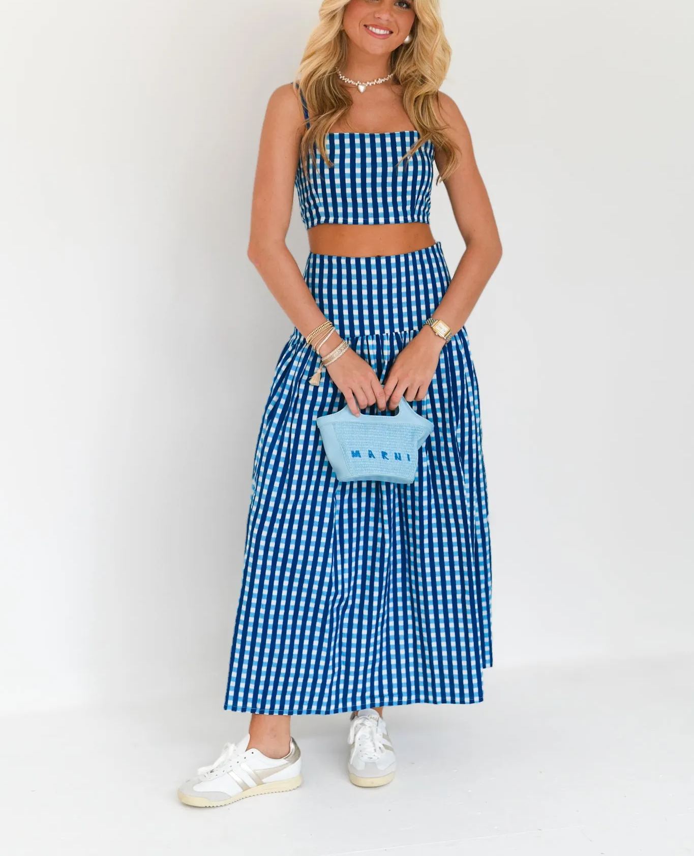 Roslyn Maxi Skirt Set - Navy/Baby Blue Gingham 