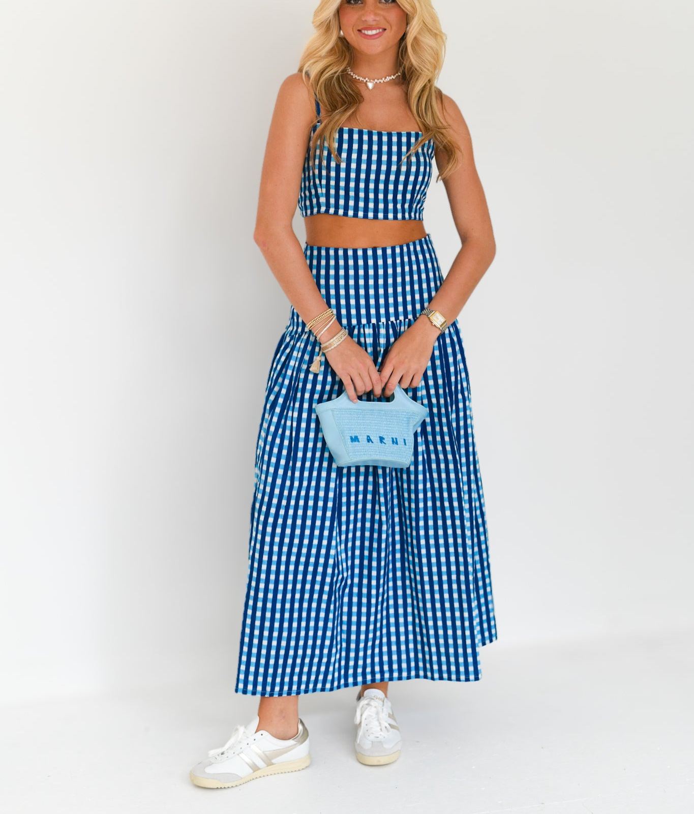 Roslyn Maxi Skirt Set - Navy/Baby Blue Gingham 