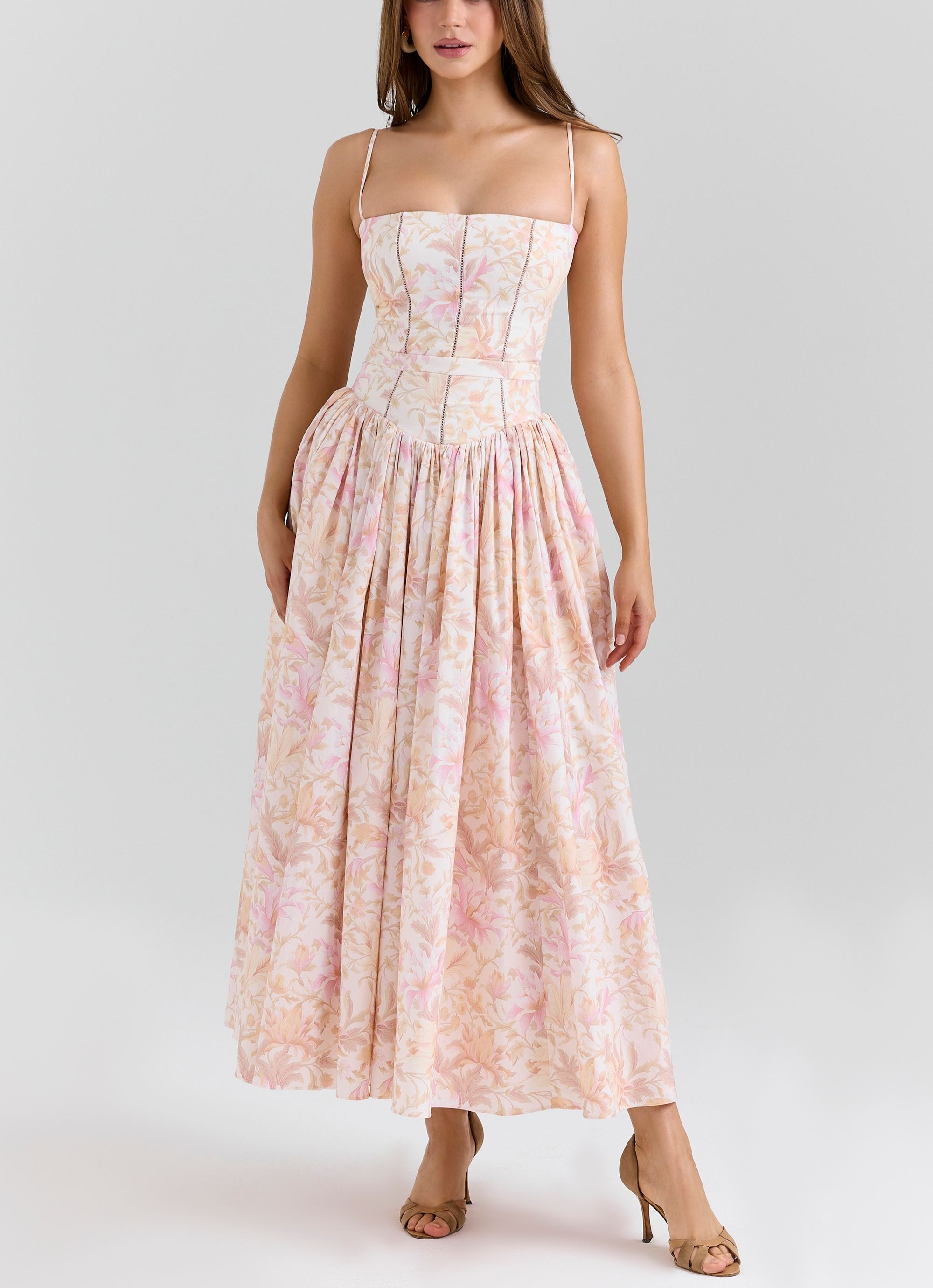 peach floral print stretch cotton midi sundress