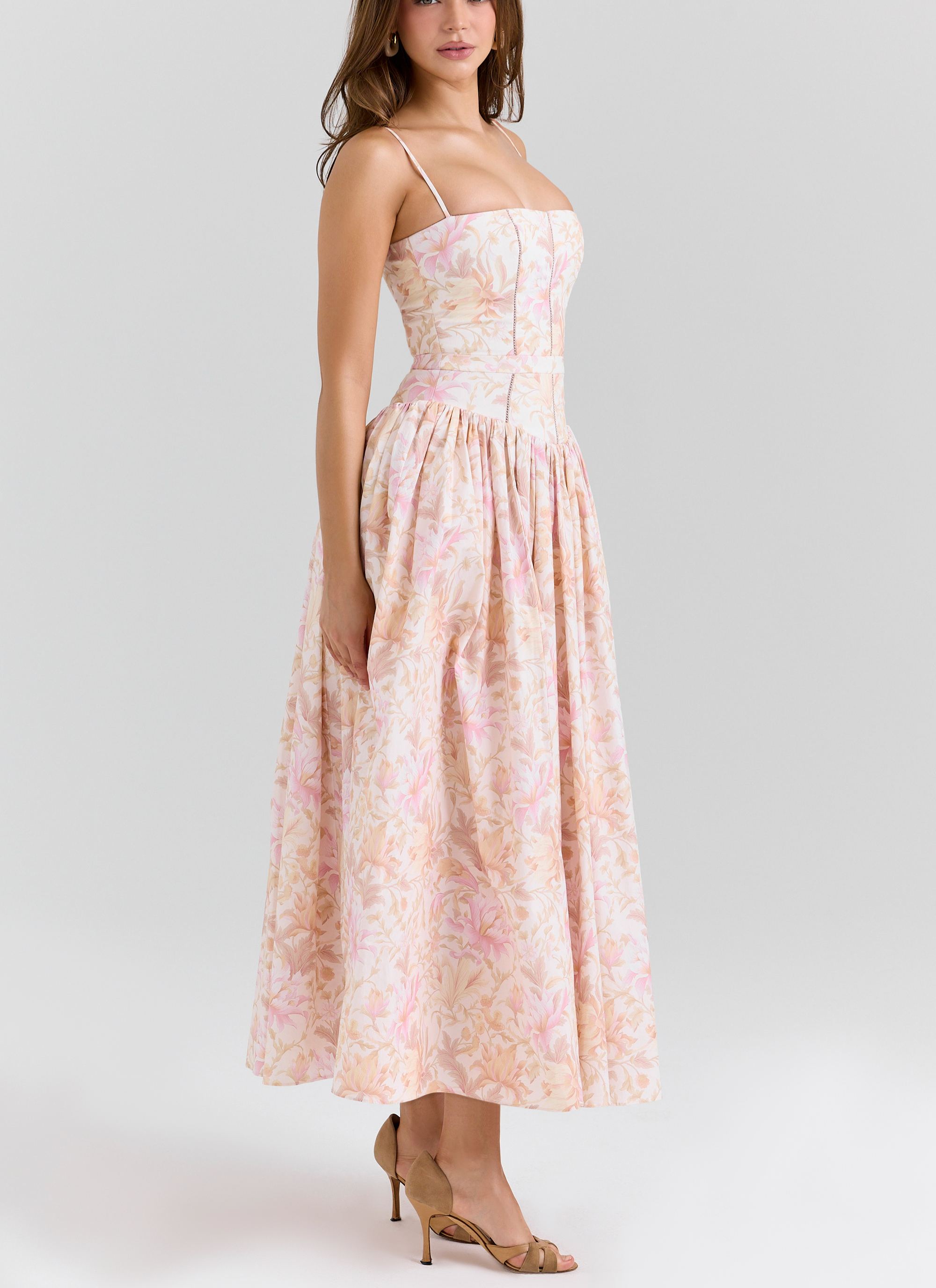 peach floral print stretch cotton midi sundress