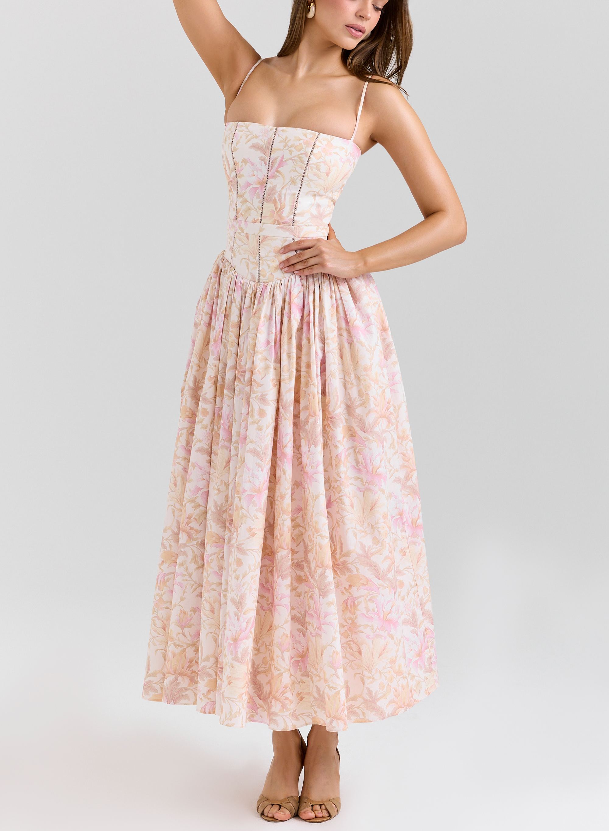 peach floral print stretch cotton midi sundress