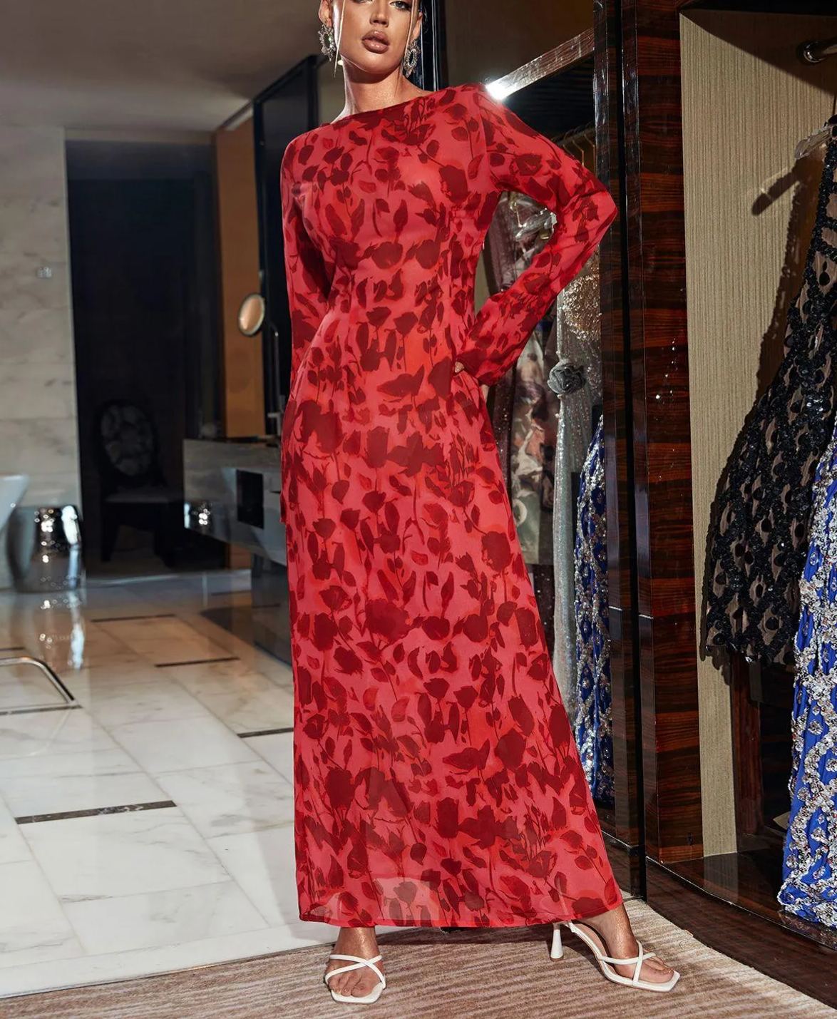 Cecily Long Sleeve Rose Printed Maxi Dress