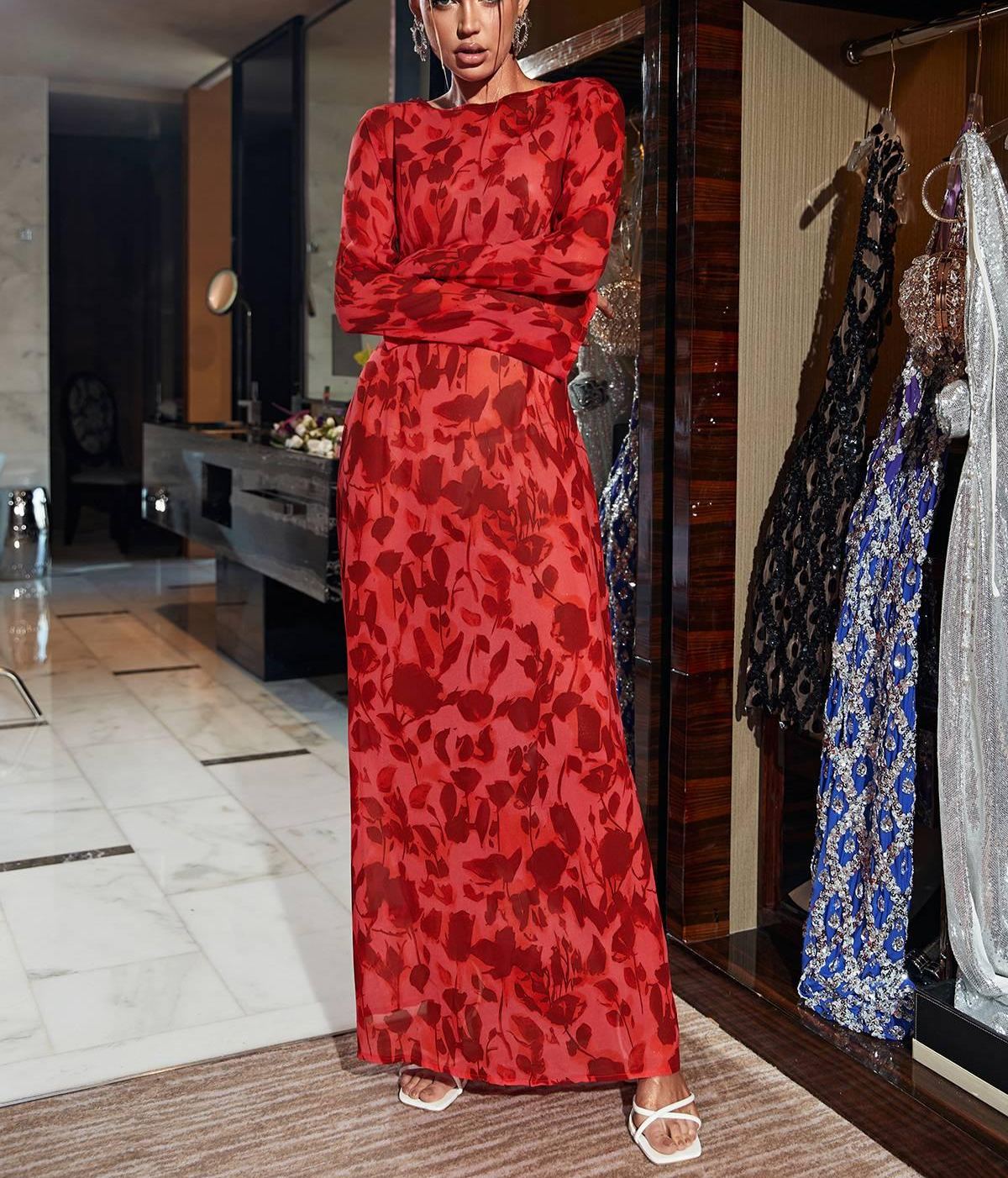 Cecily Long Sleeve Rose Printed Maxi Dress