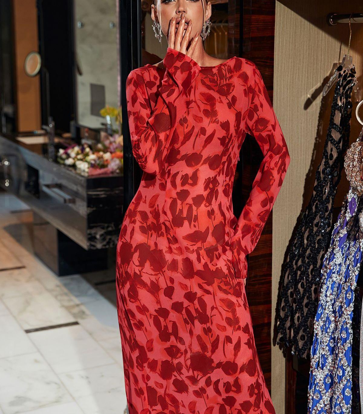 Cecily Long Sleeve Rose Printed Maxi Dress