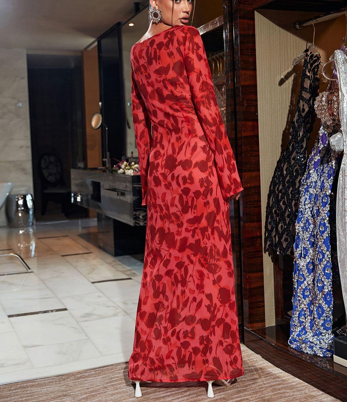 Cecily Long Sleeve Rose Printed Maxi Dress