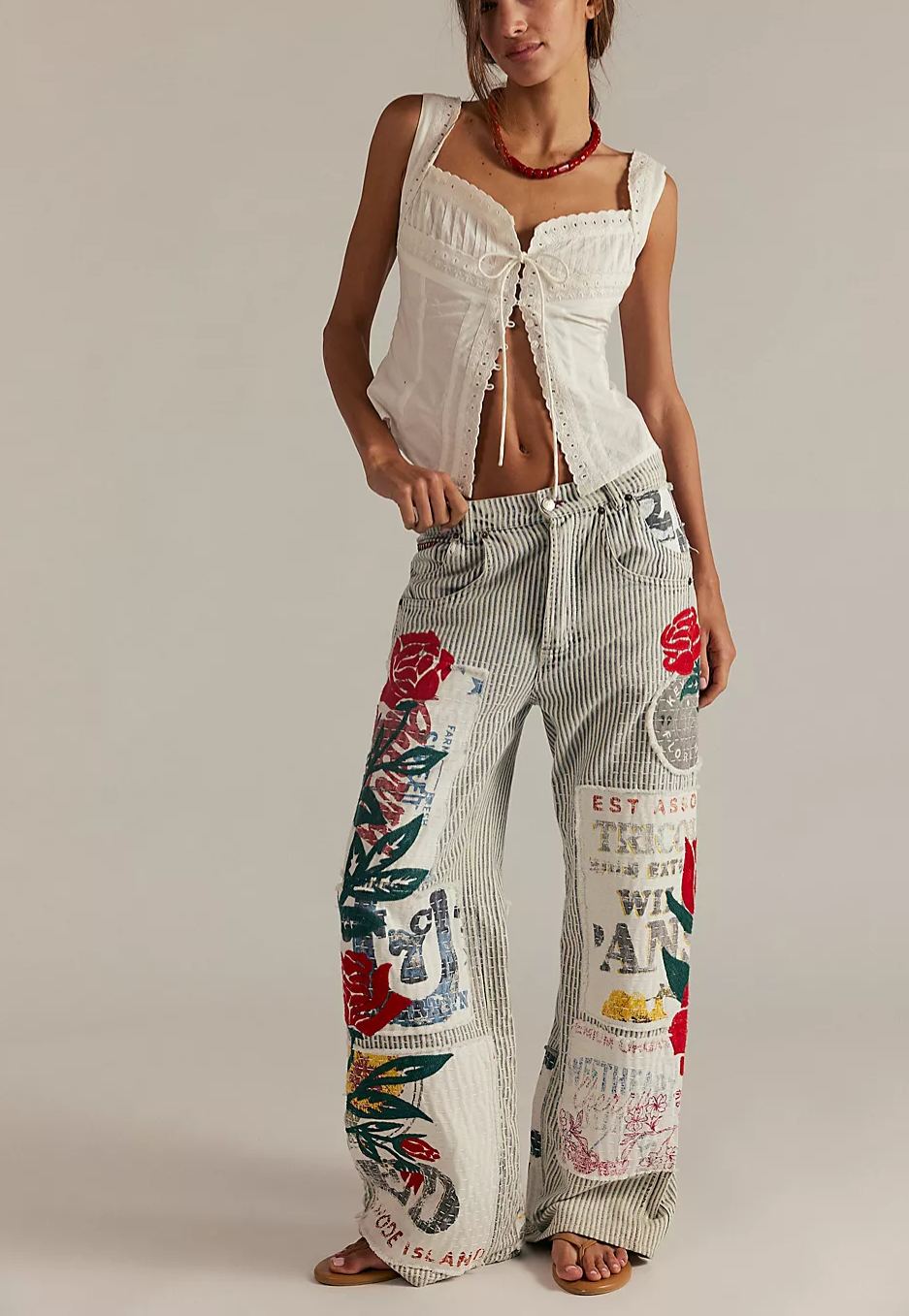 Printed embroidered striped jeans