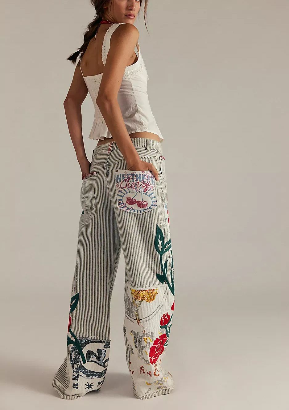 Printed embroidered striped jeans