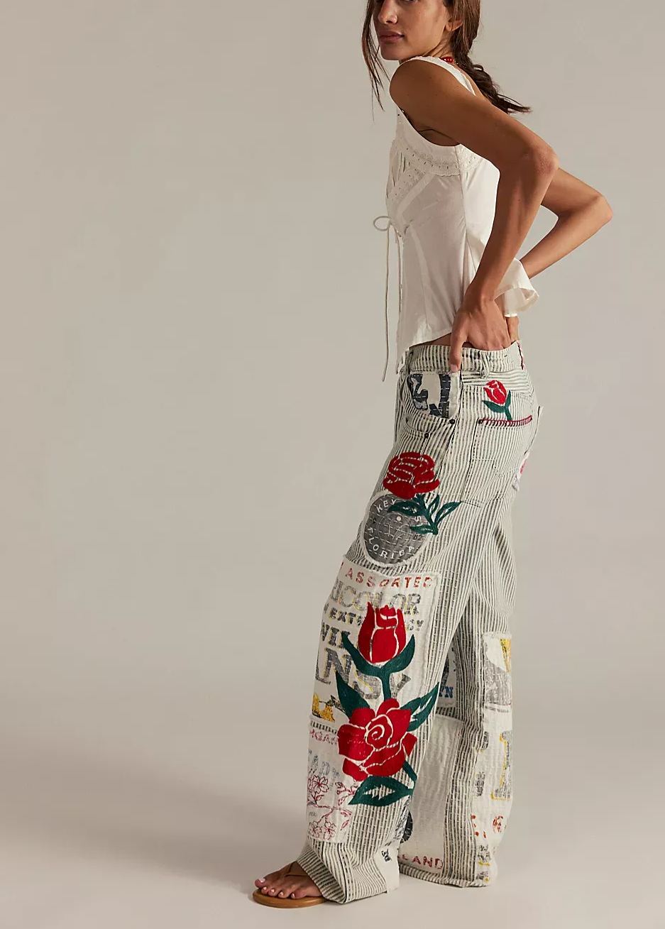 Printed embroidered striped jeans