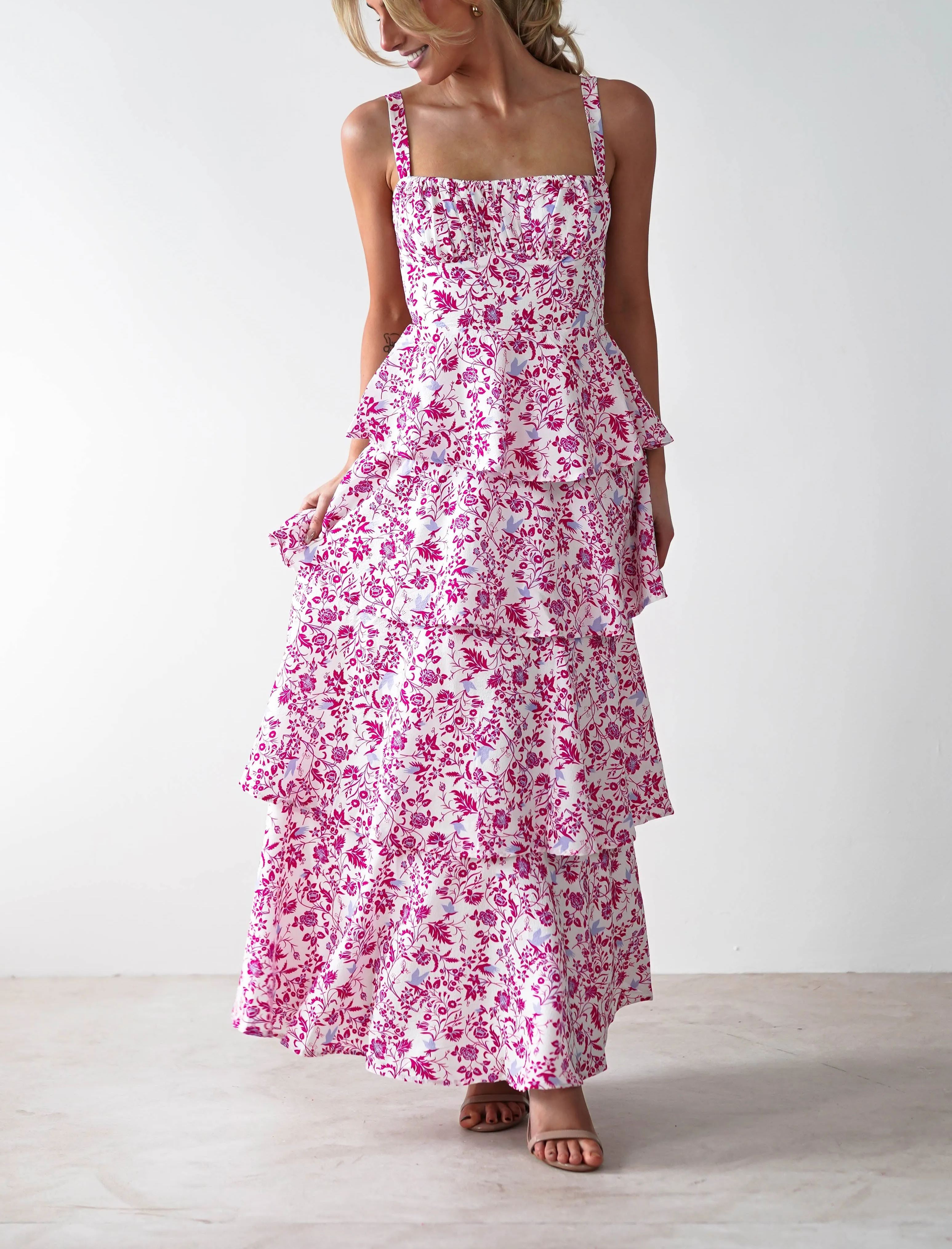 Emily Floral Ruffle Maxi Dress | Pink Print