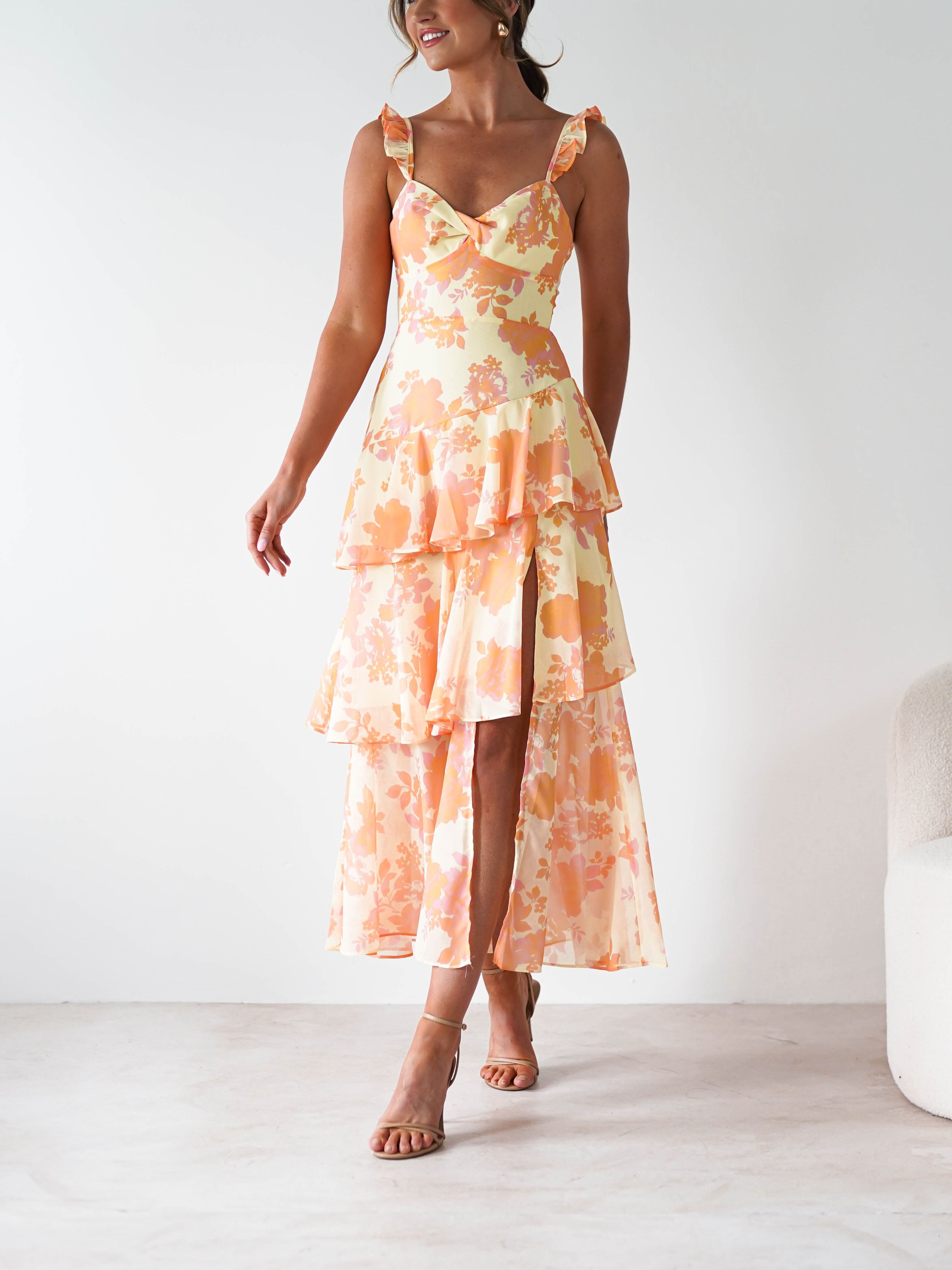 Allie Ruffle Floral Maxi Dress | Yellow/Peach
