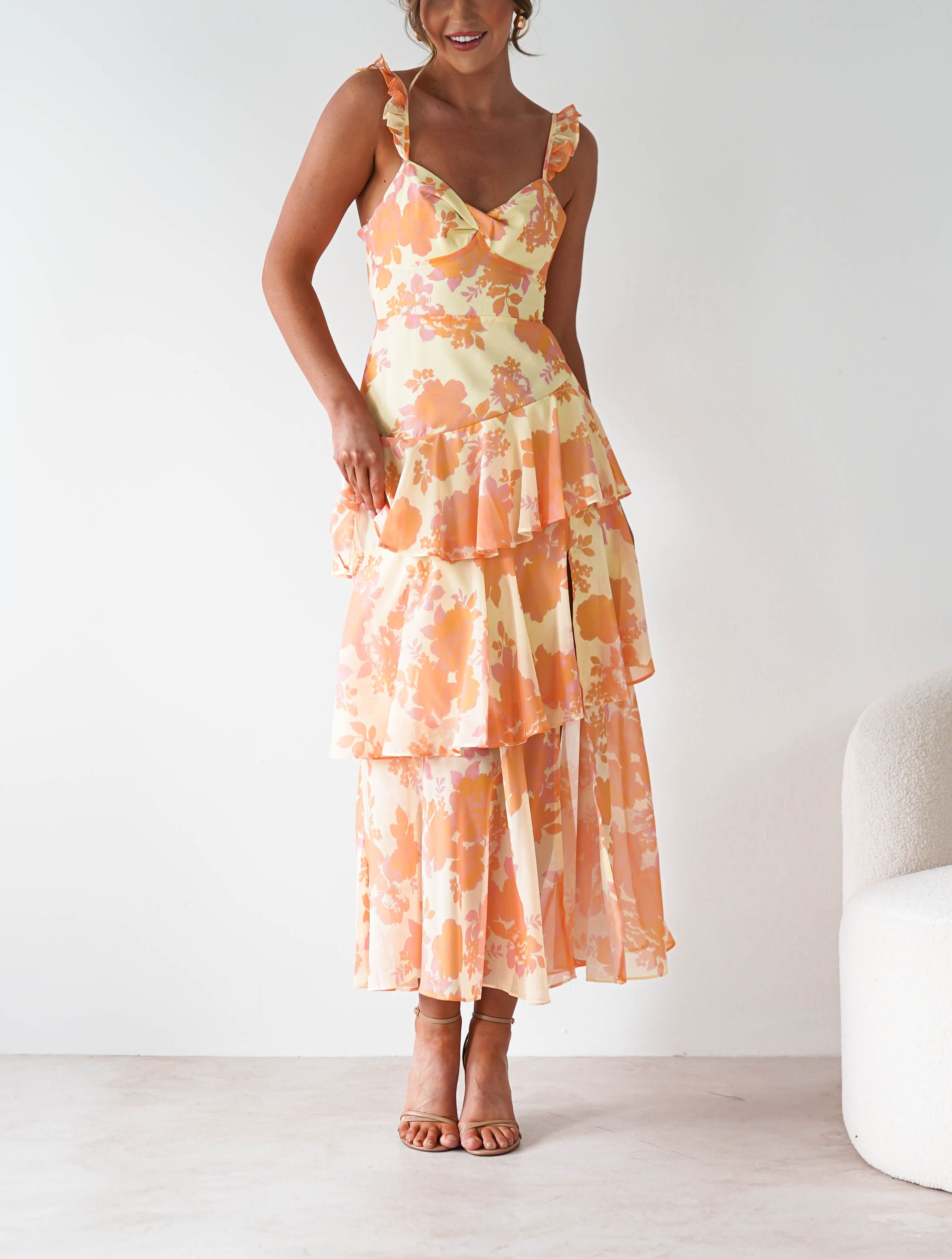 Allie Ruffle Floral Maxi Dress | Yellow/Peach