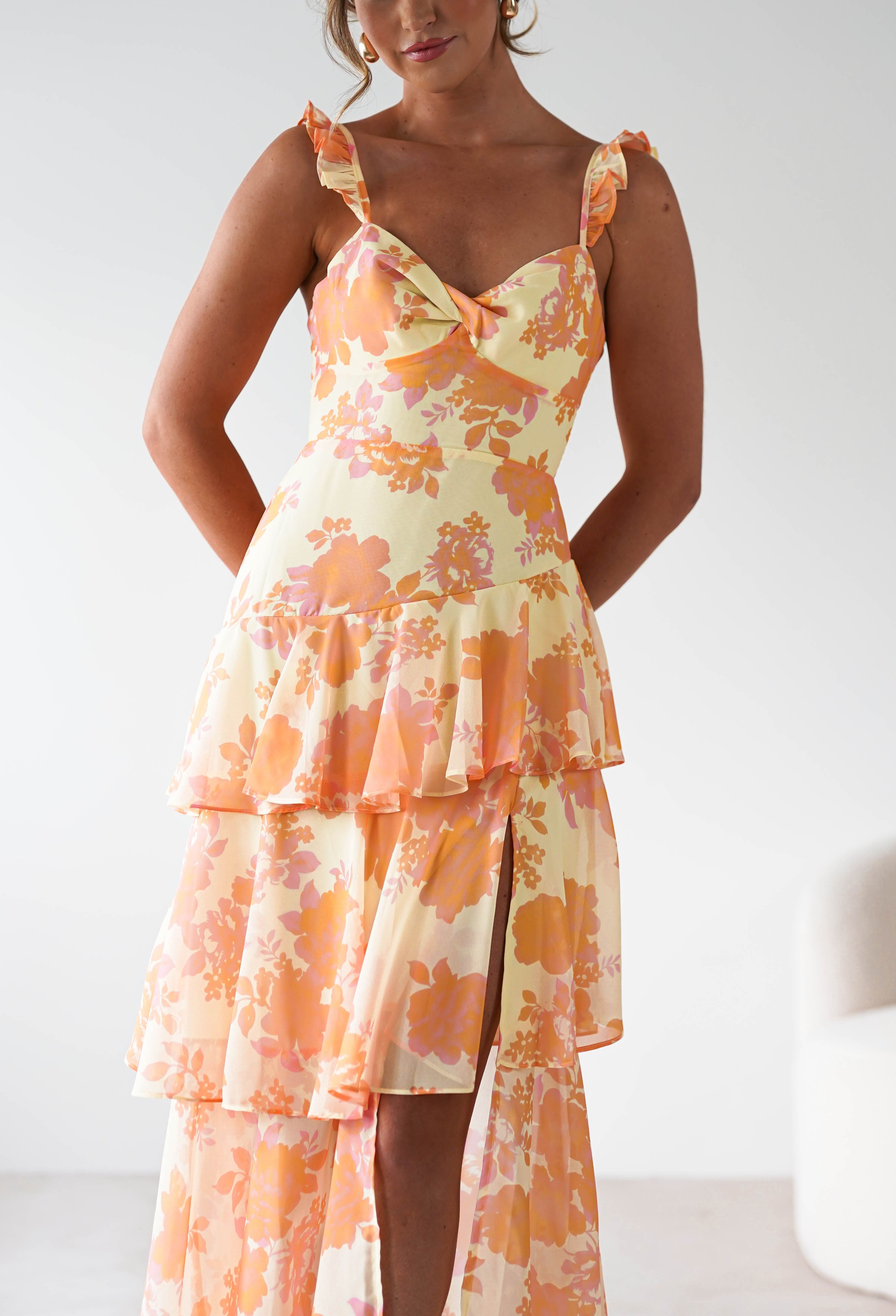 Allie Ruffle Floral Maxi Dress | Yellow/Peach