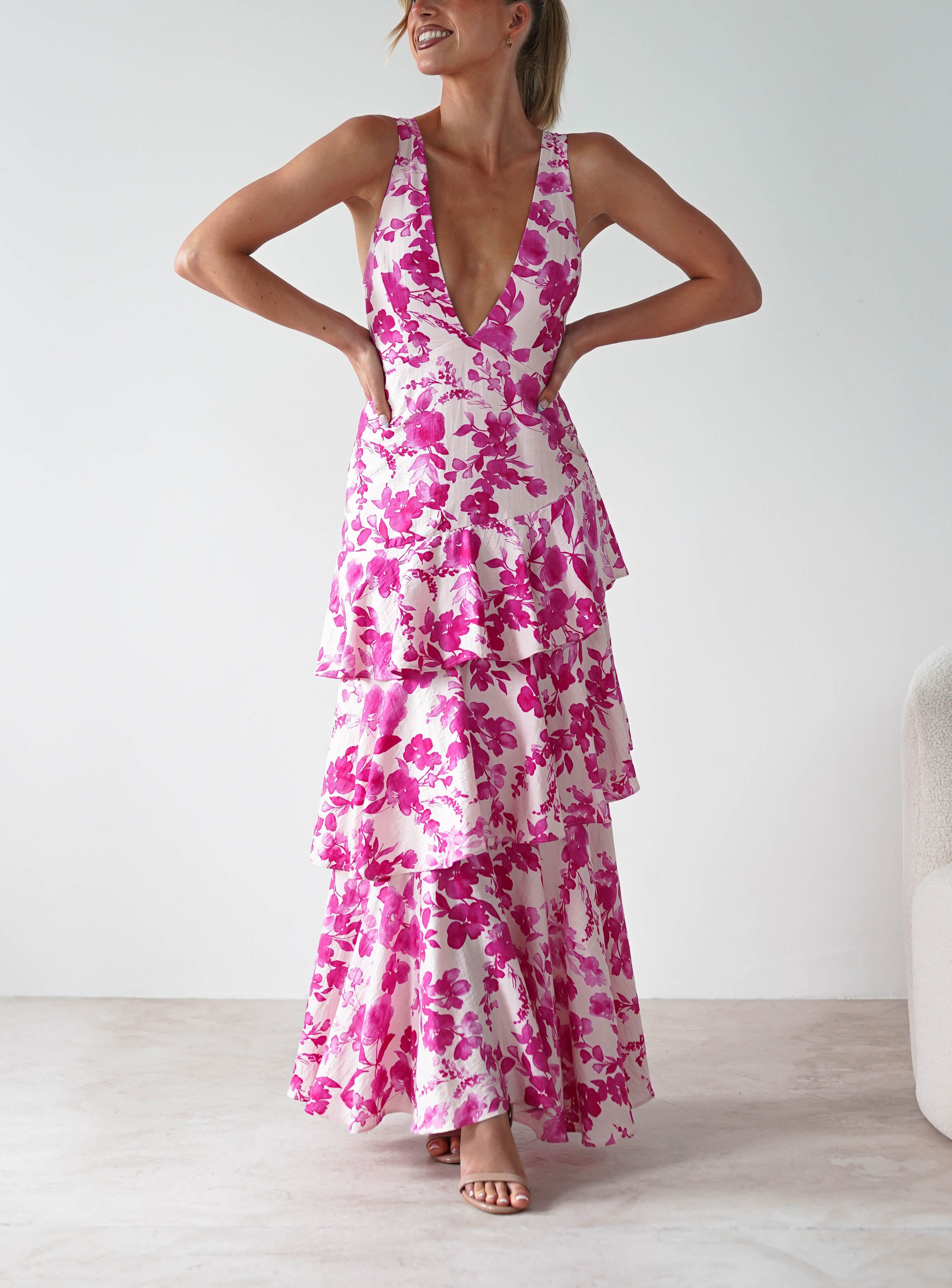 Varana Floral Ruffle Maxi Dress | Pink