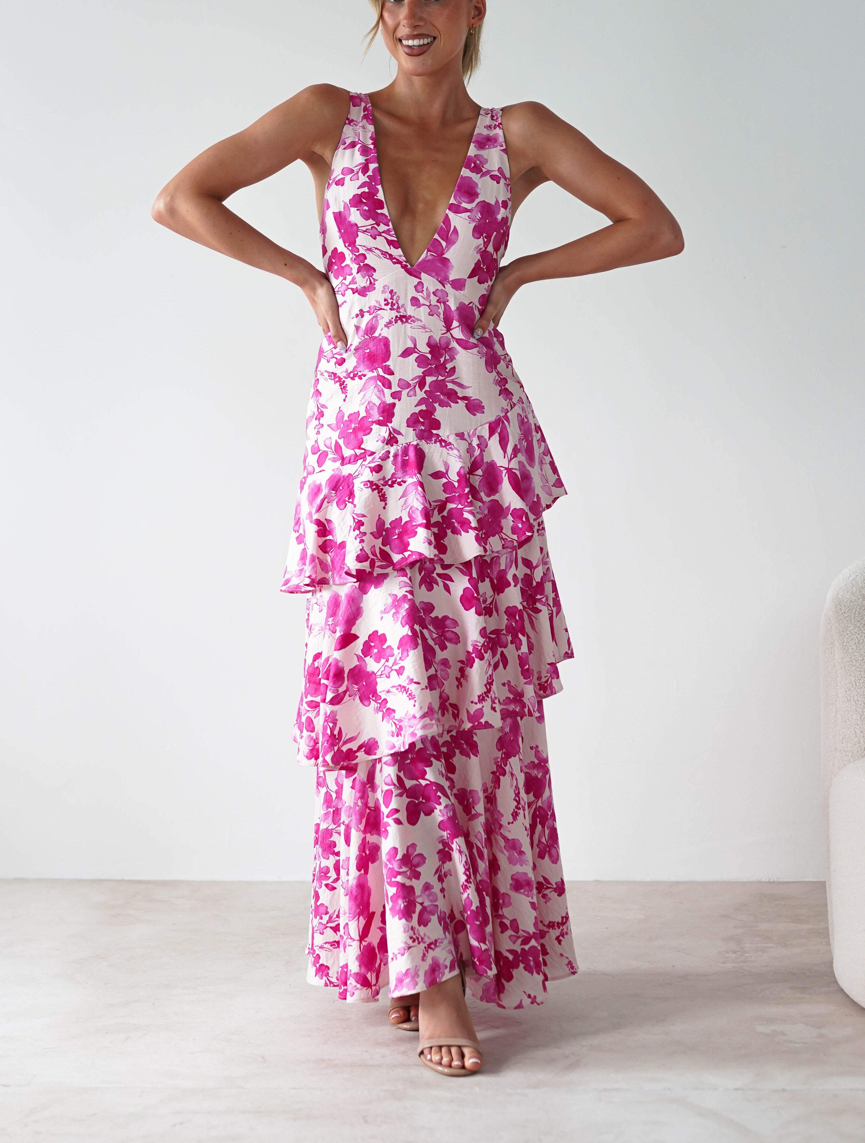 Varana Floral Ruffle Maxi Dress | Pink