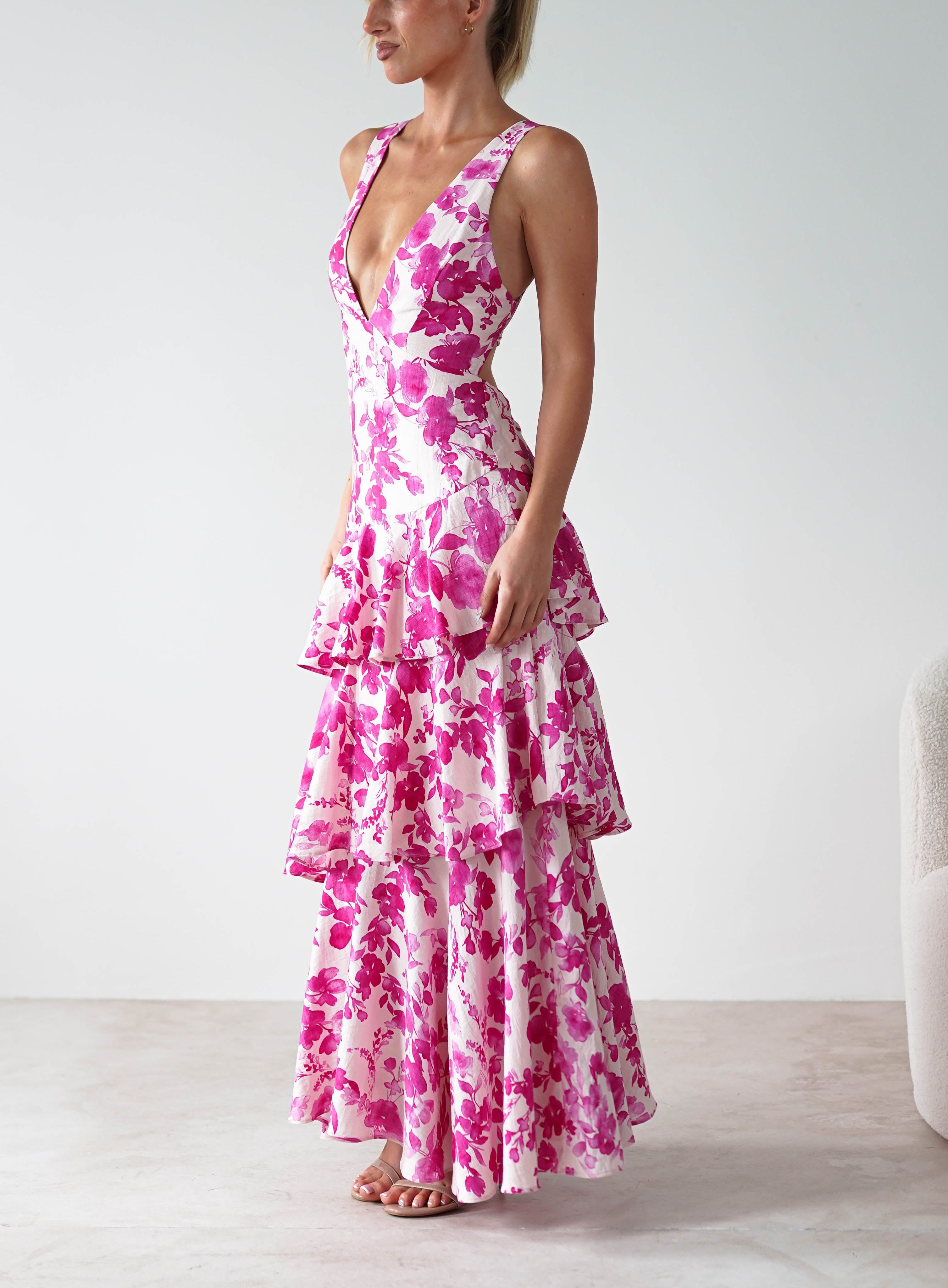 Varana Floral Ruffle Maxi Dress | Pink