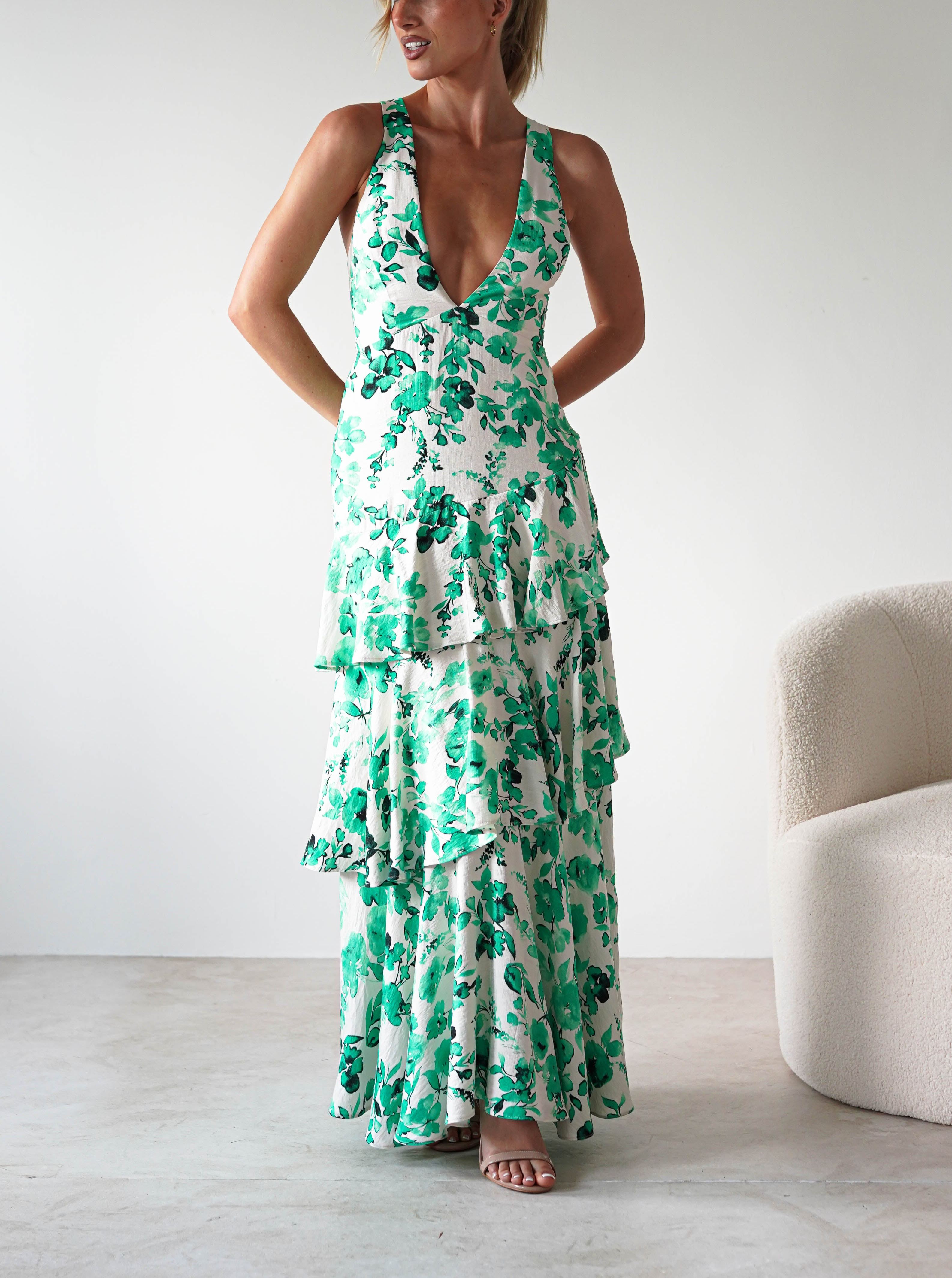 Varana Floral Ruffle Maxi Dress | Green