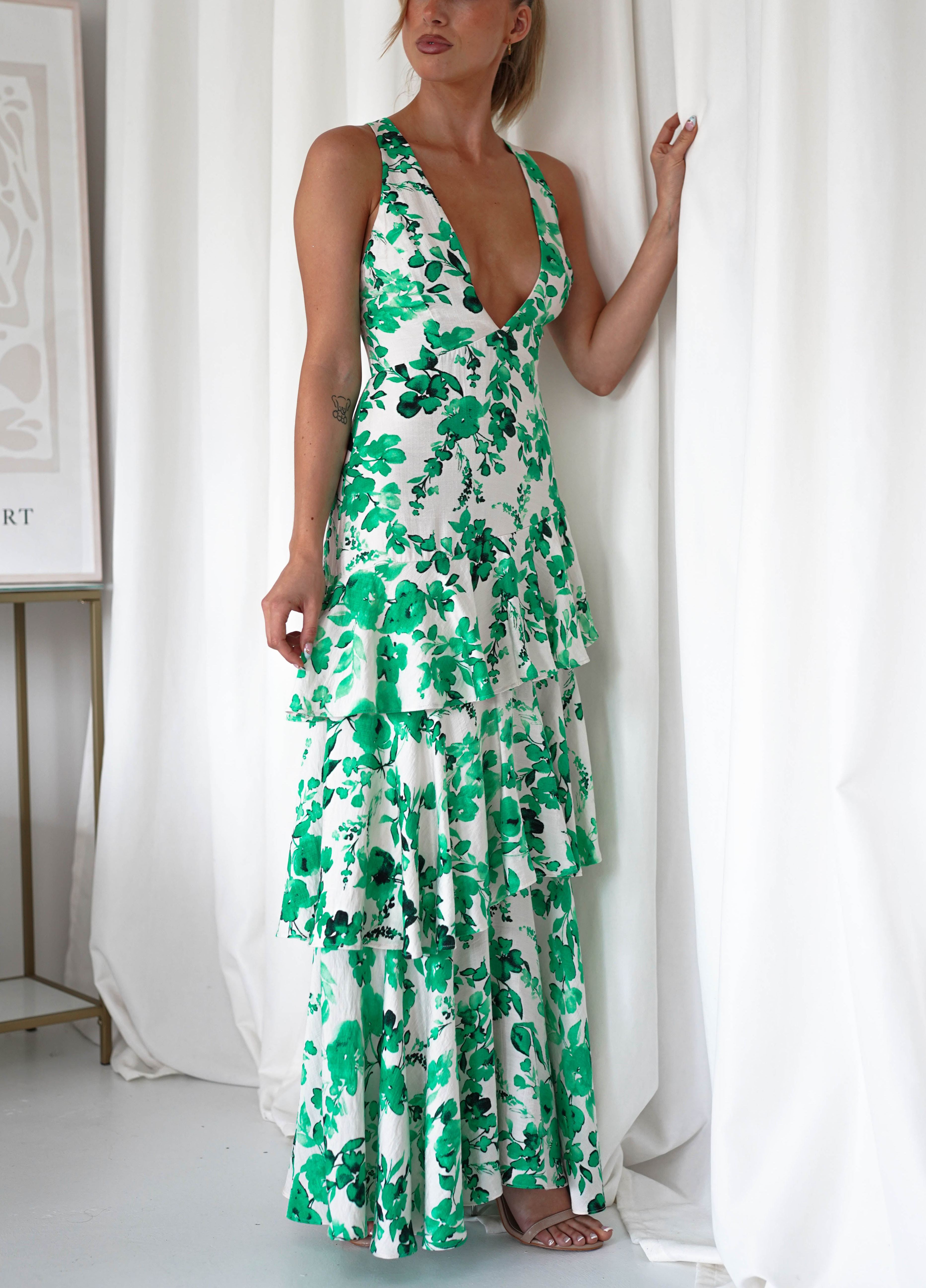 Varana Floral Ruffle Maxi Dress | Green