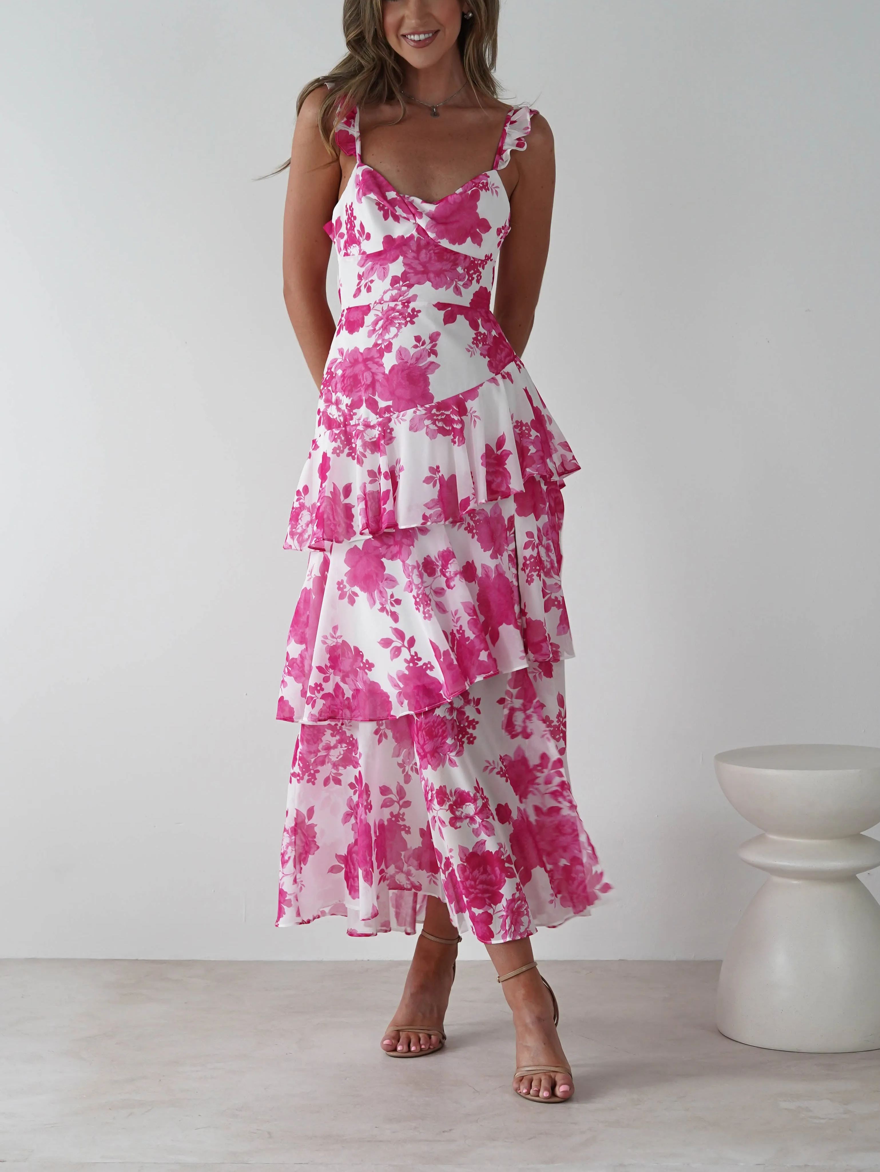 Madrid Ruffle Floral Maxi Dress | Pink