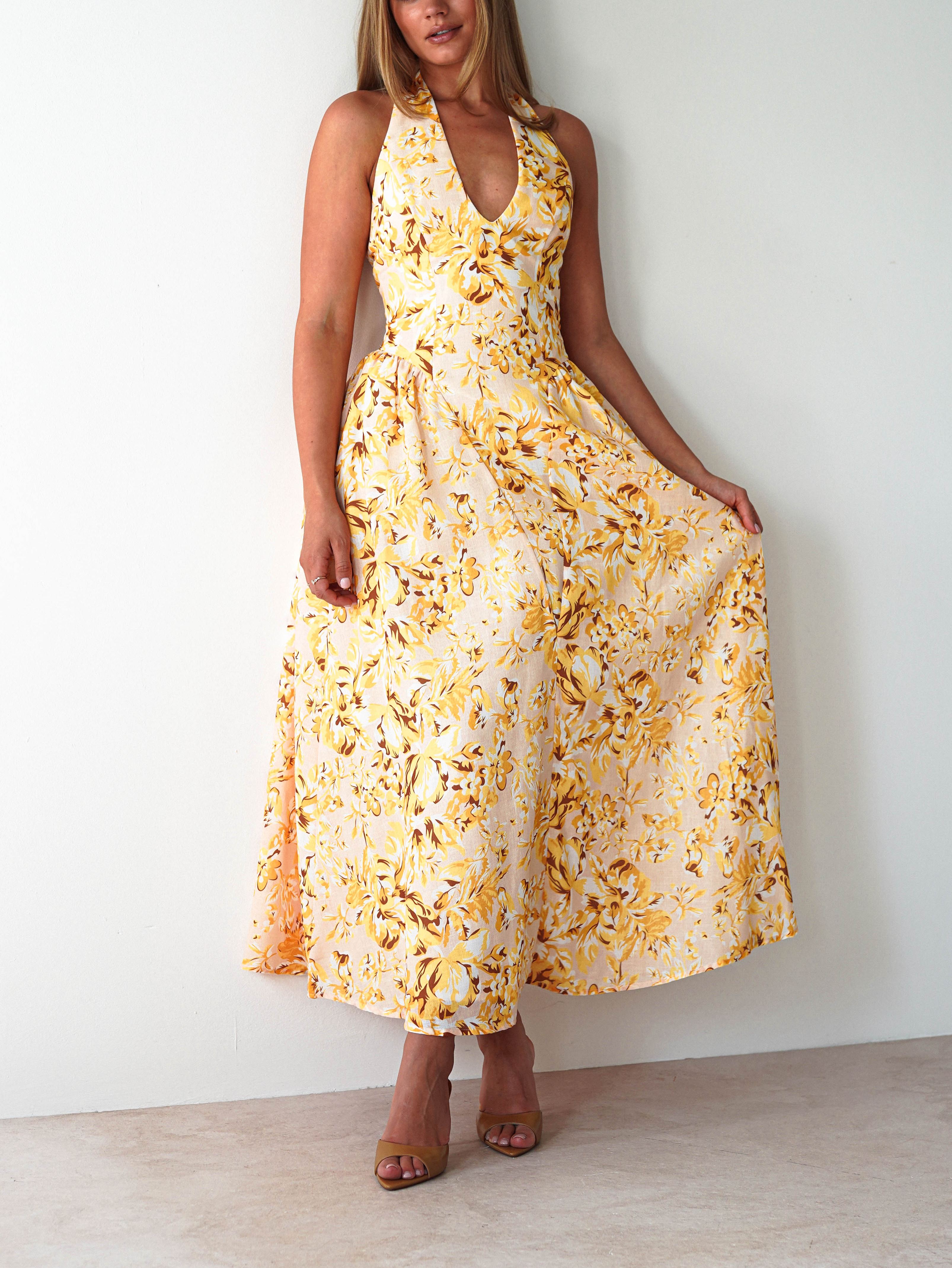 Mina Halterneck Floral Skater Maxi Dress | Yellow