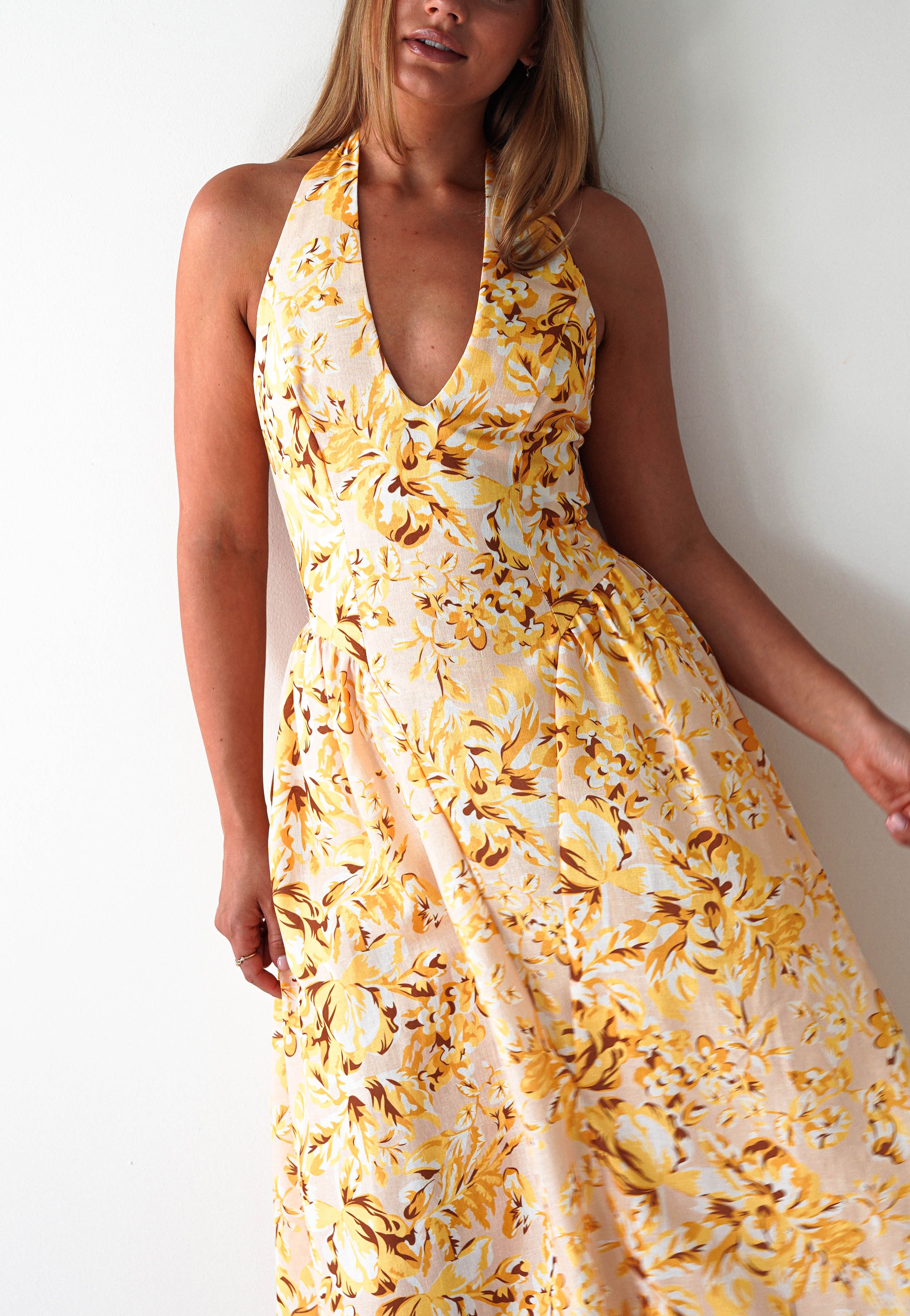Mina Halterneck Floral Skater Maxi Dress | Yellow
