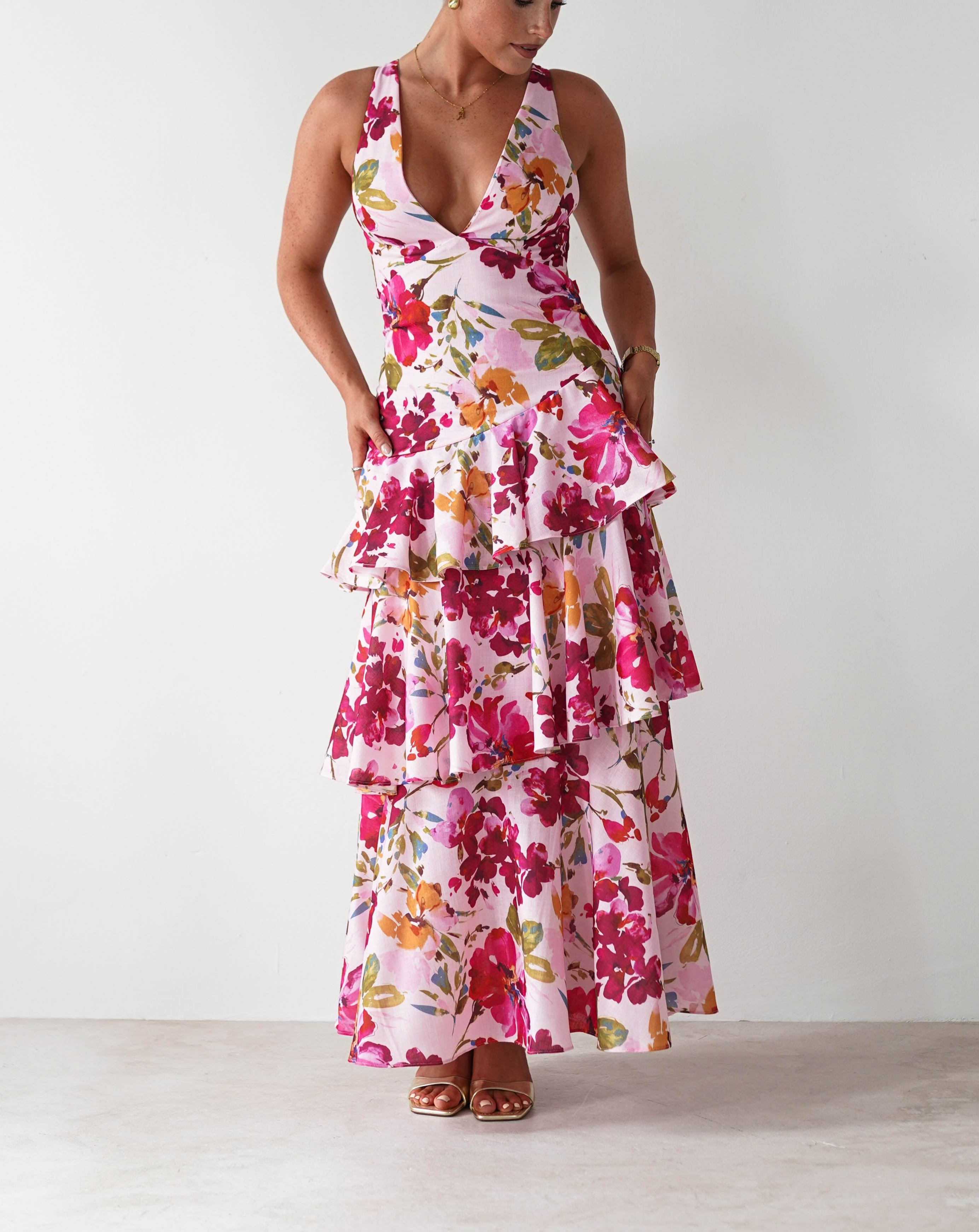 Katrina Floral Print Cotton Ruffle Maxi Dress | Pink