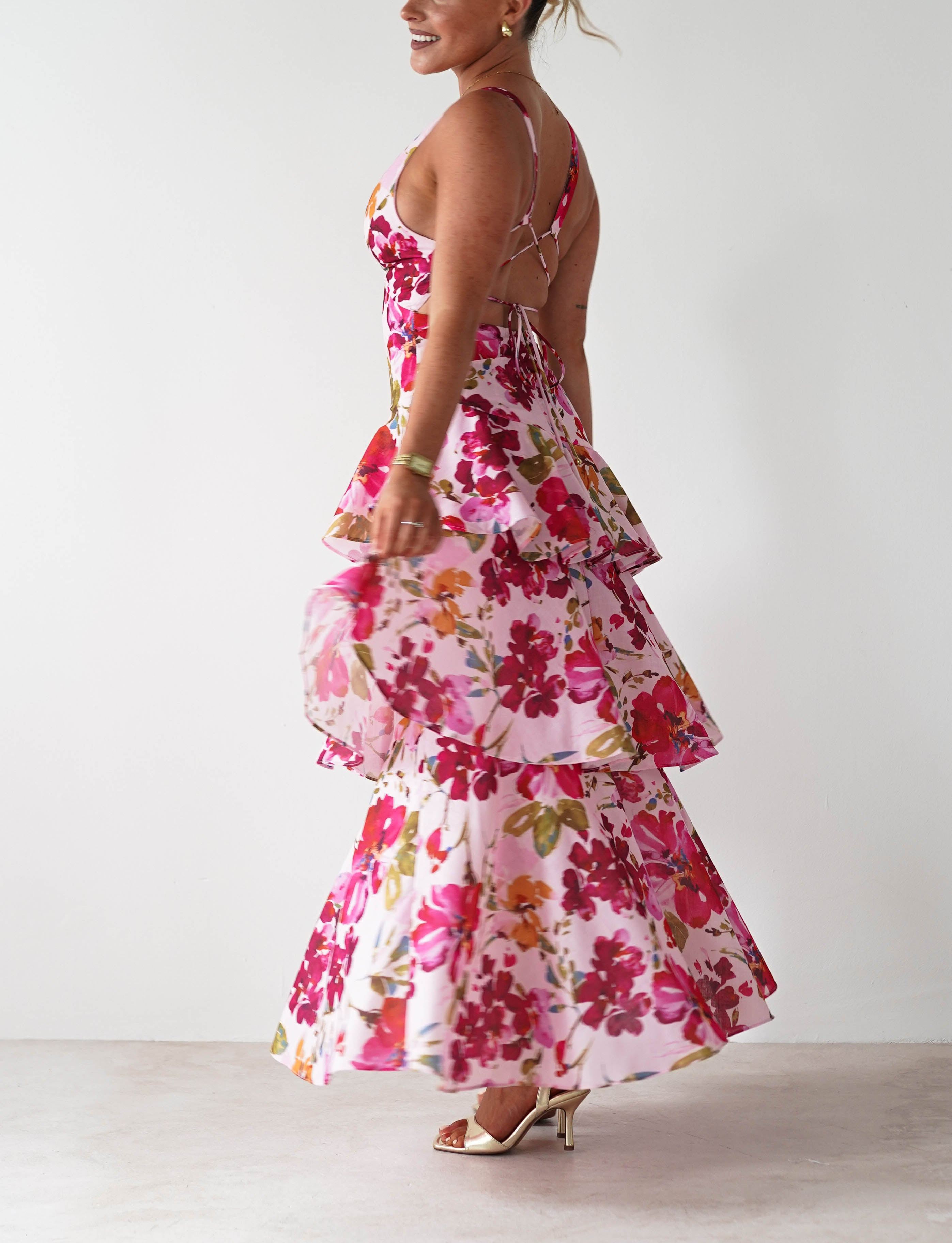 Katrina Floral Print Cotton Ruffle Maxi Dress | Pink