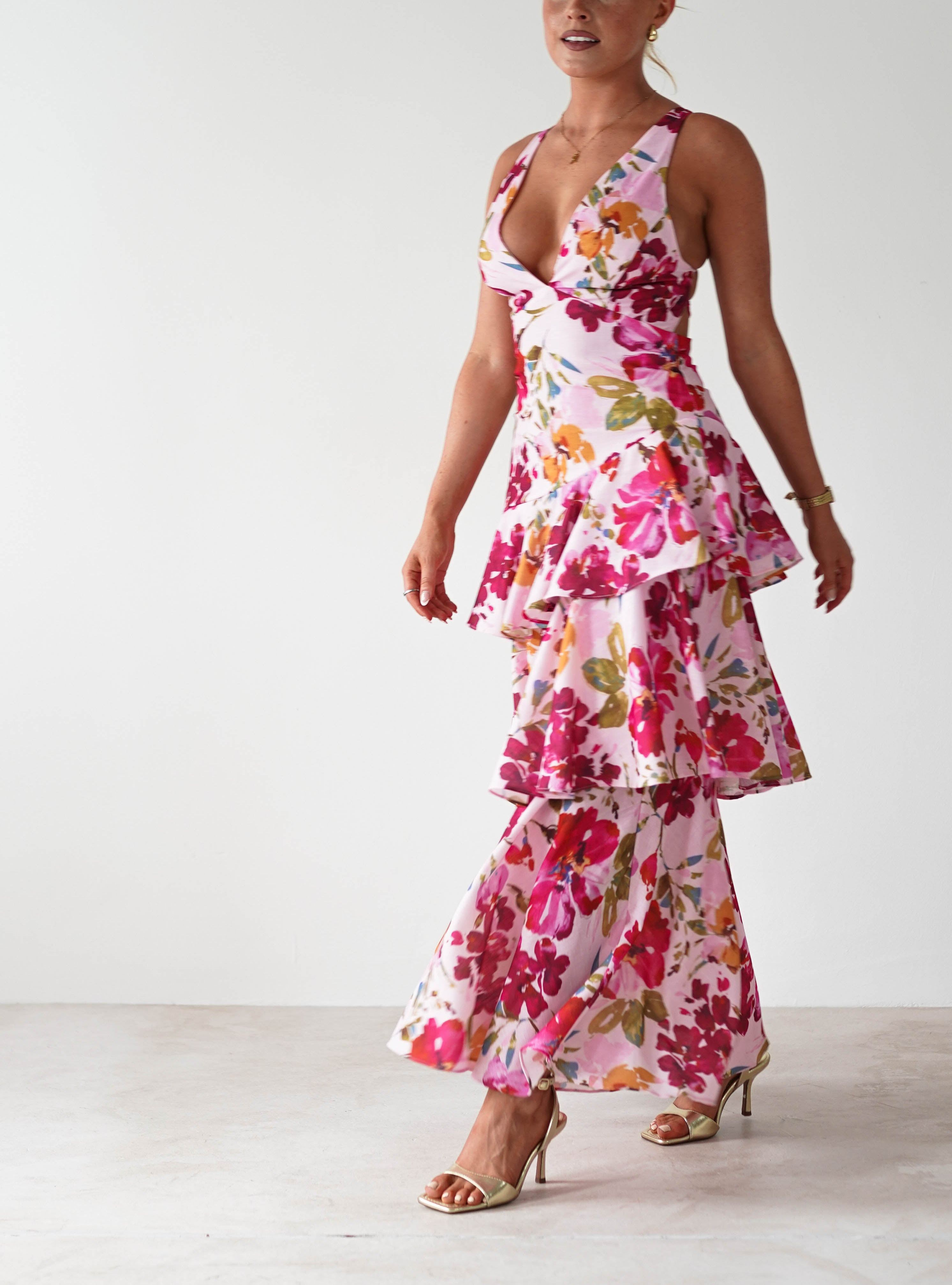 Katrina Floral Print Cotton Ruffle Maxi Dress | Pink