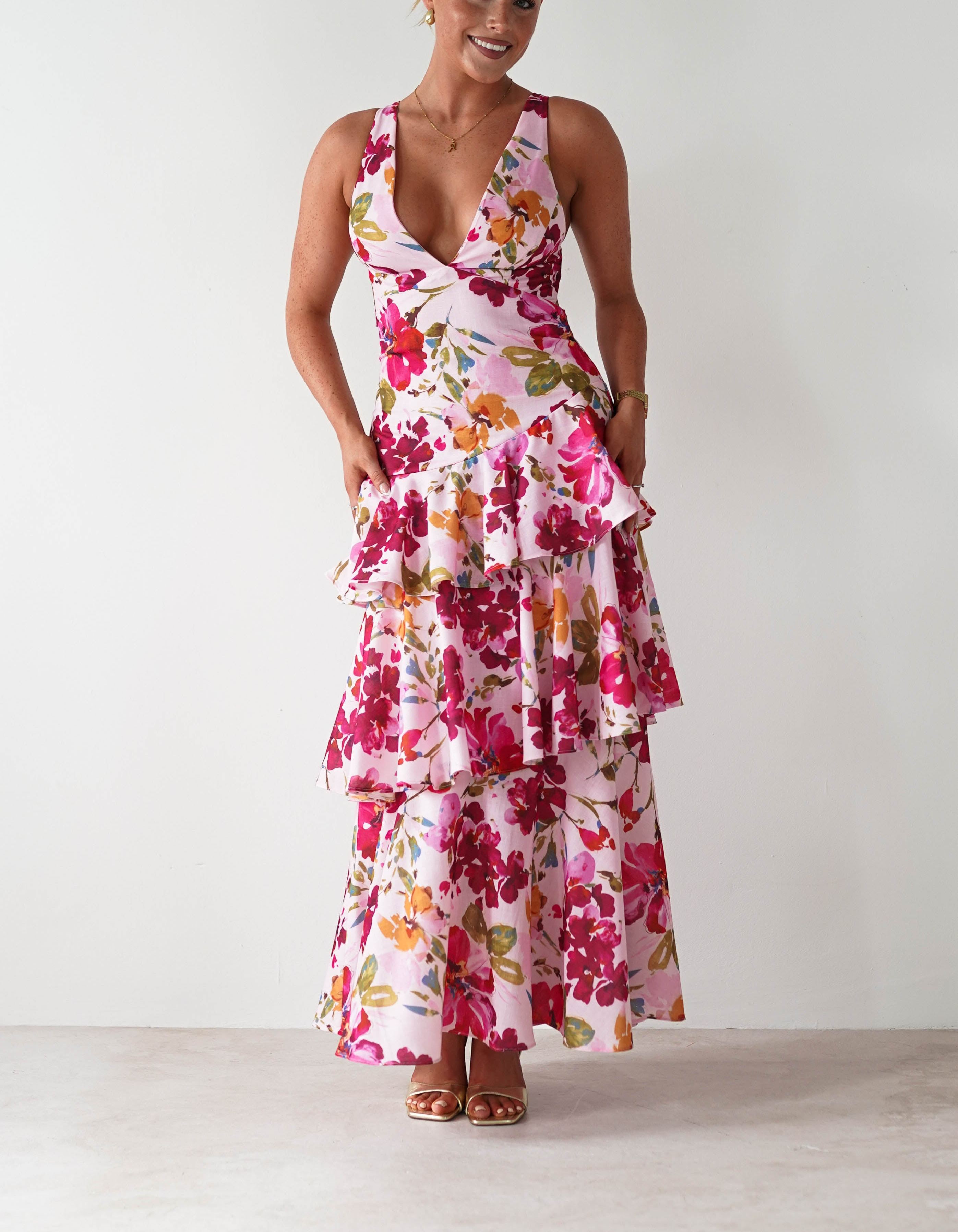 Katrina Floral Print Cotton Ruffle Maxi Dress | Pink