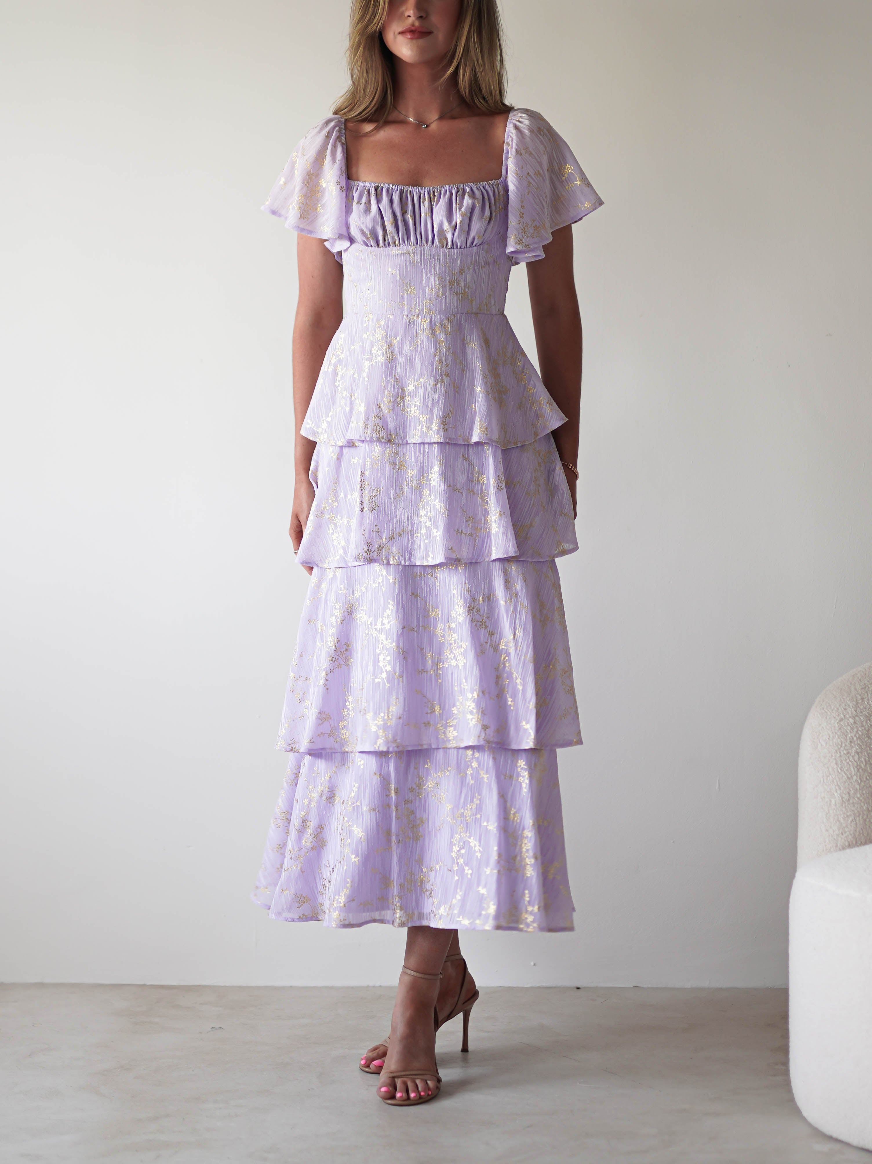  Gold Detail Ruffle Maxi Dress | Lilac