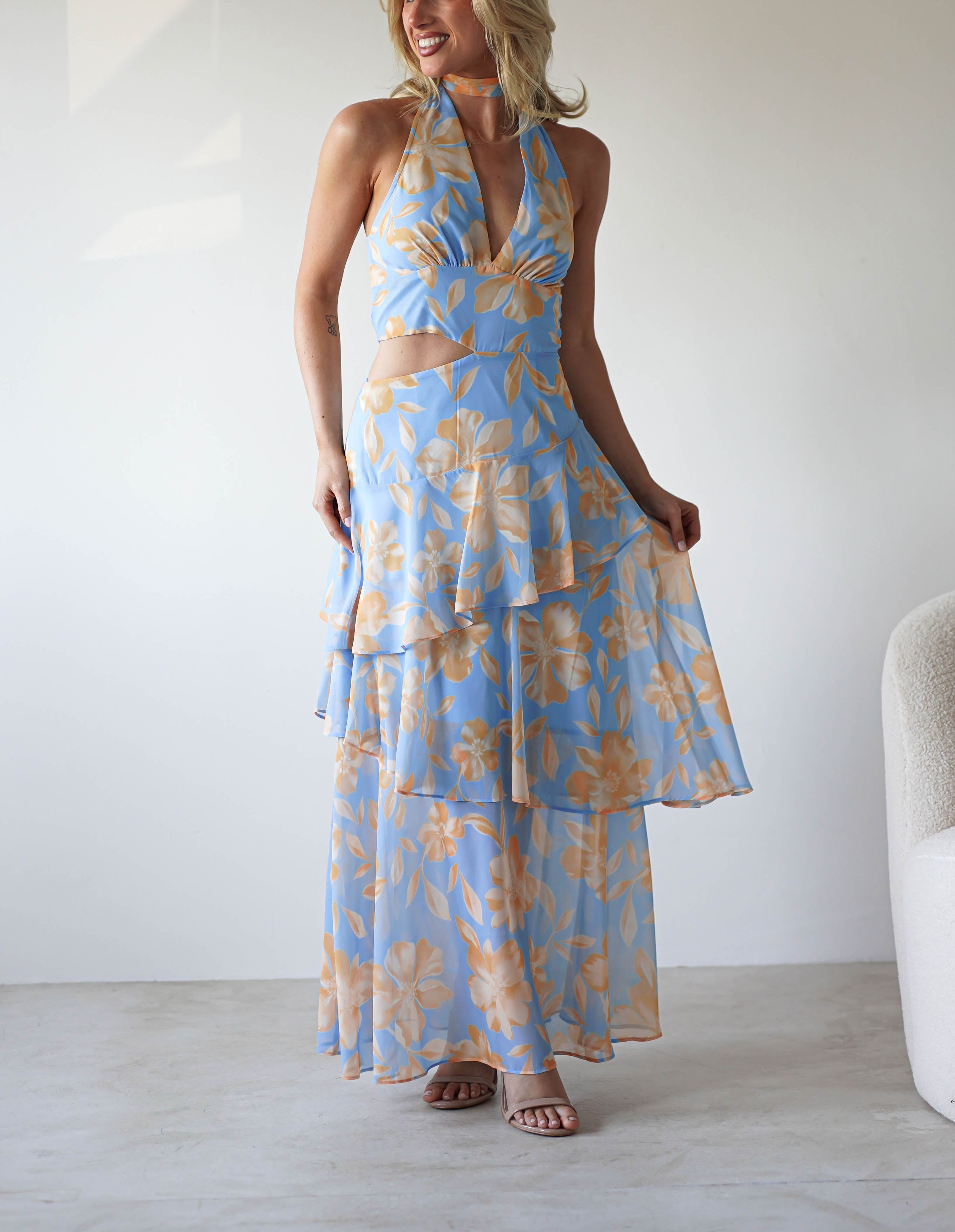 Lohan Ruffle Floral Maxi Print Dress | Blue