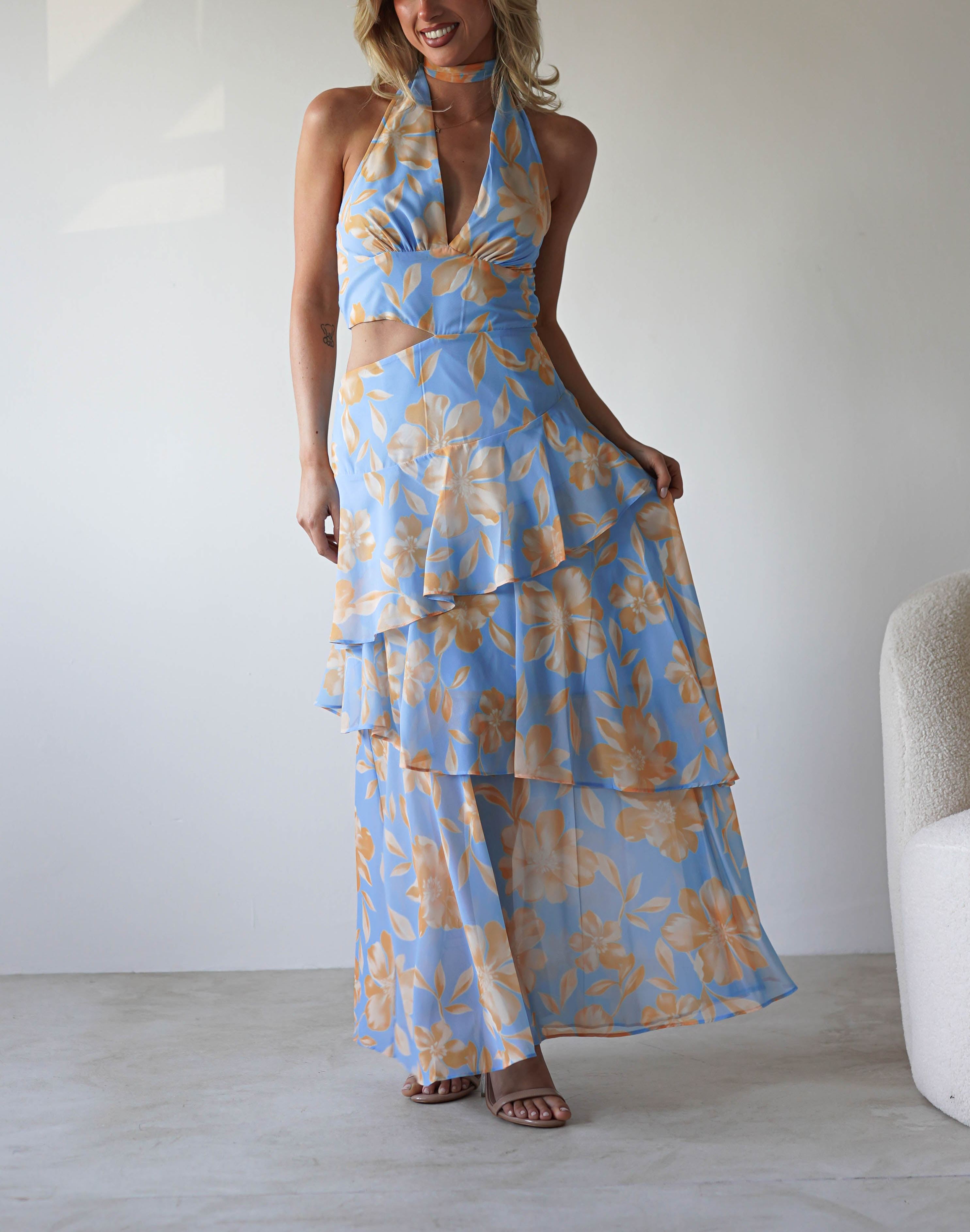 Lohan Ruffle Floral Maxi Print Dress | Blue