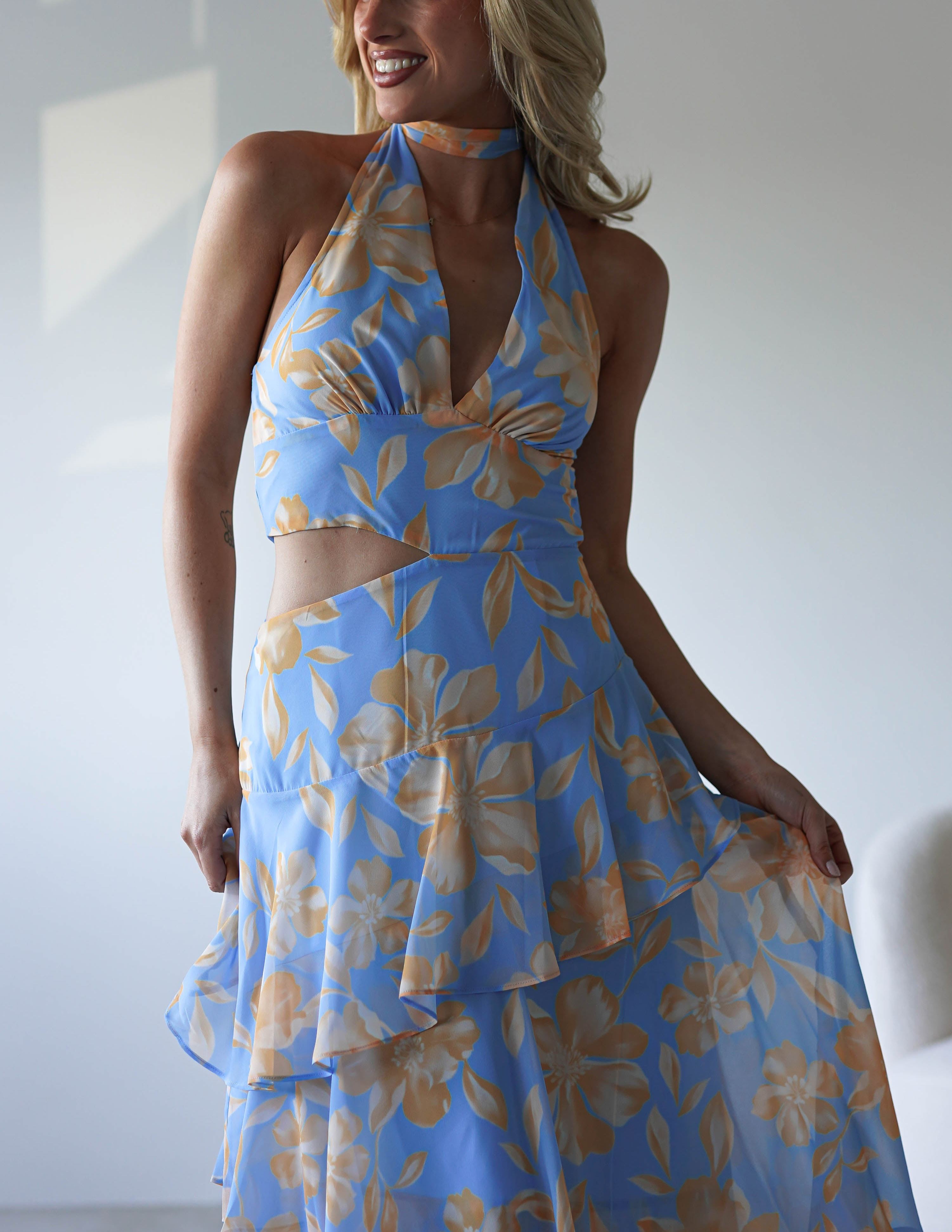 Lohan Ruffle Floral Maxi Print Dress | Blue