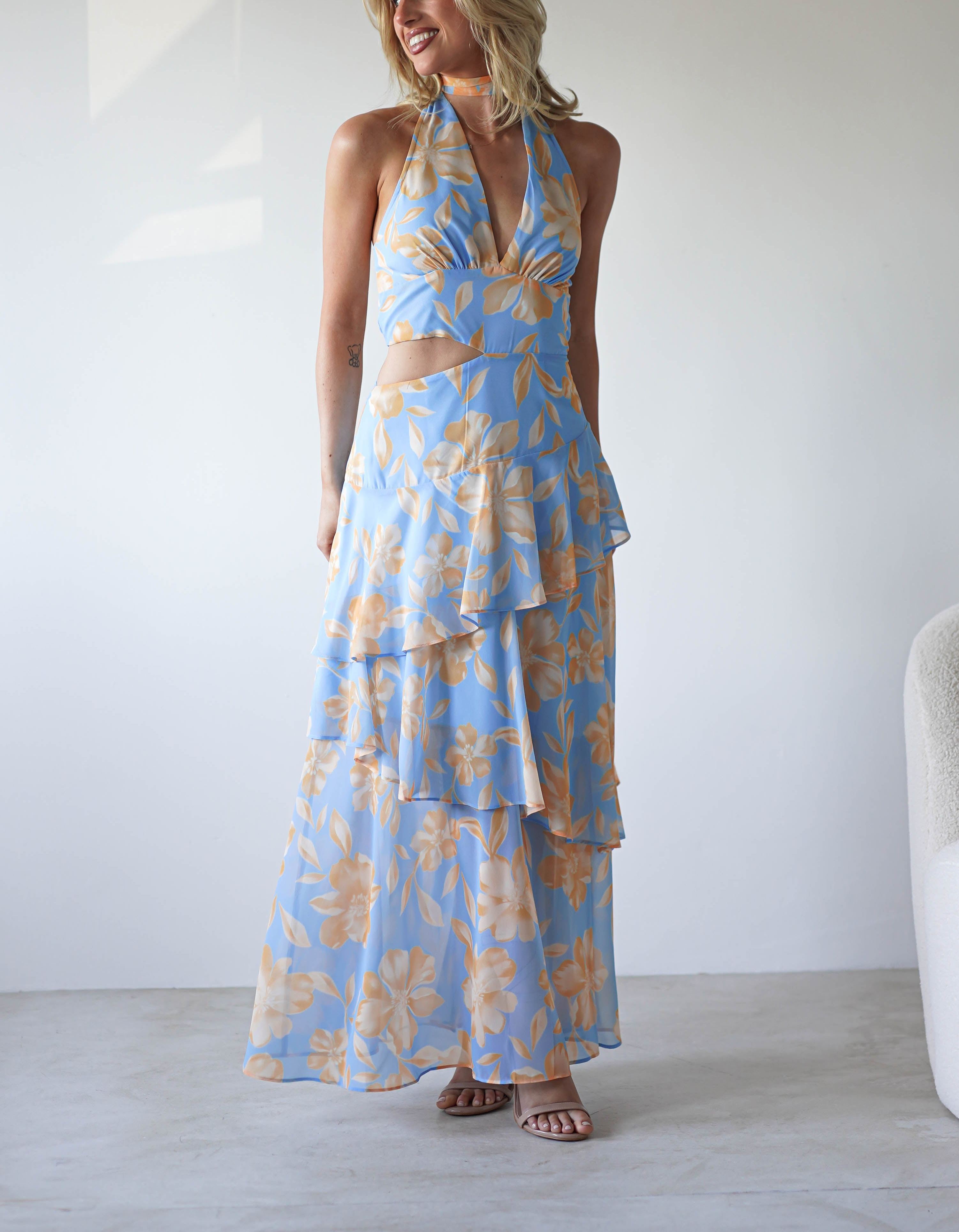 Lohan Ruffle Floral Maxi Print Dress | Blue