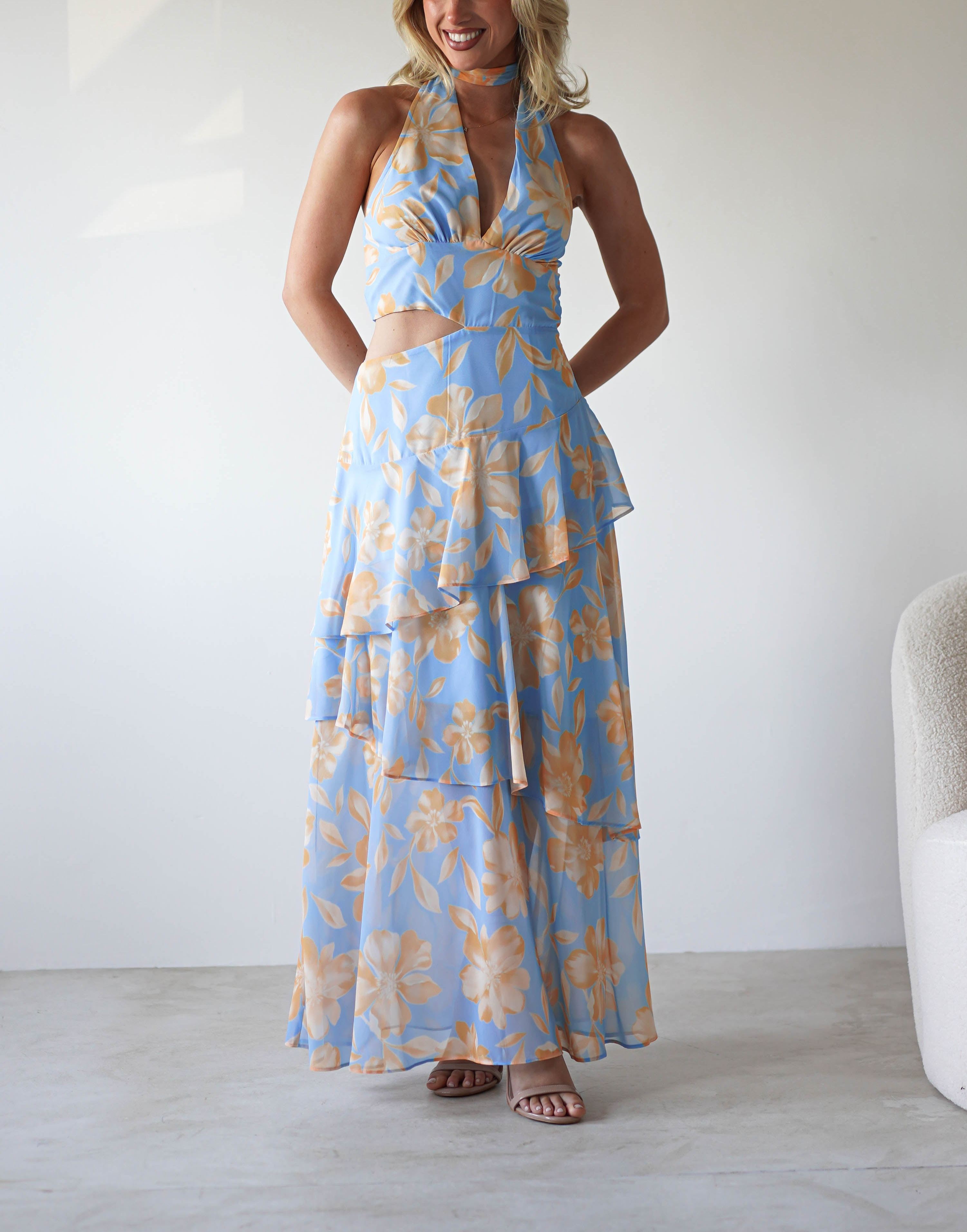 Lohan Ruffle Floral Maxi Print Dress | Blue