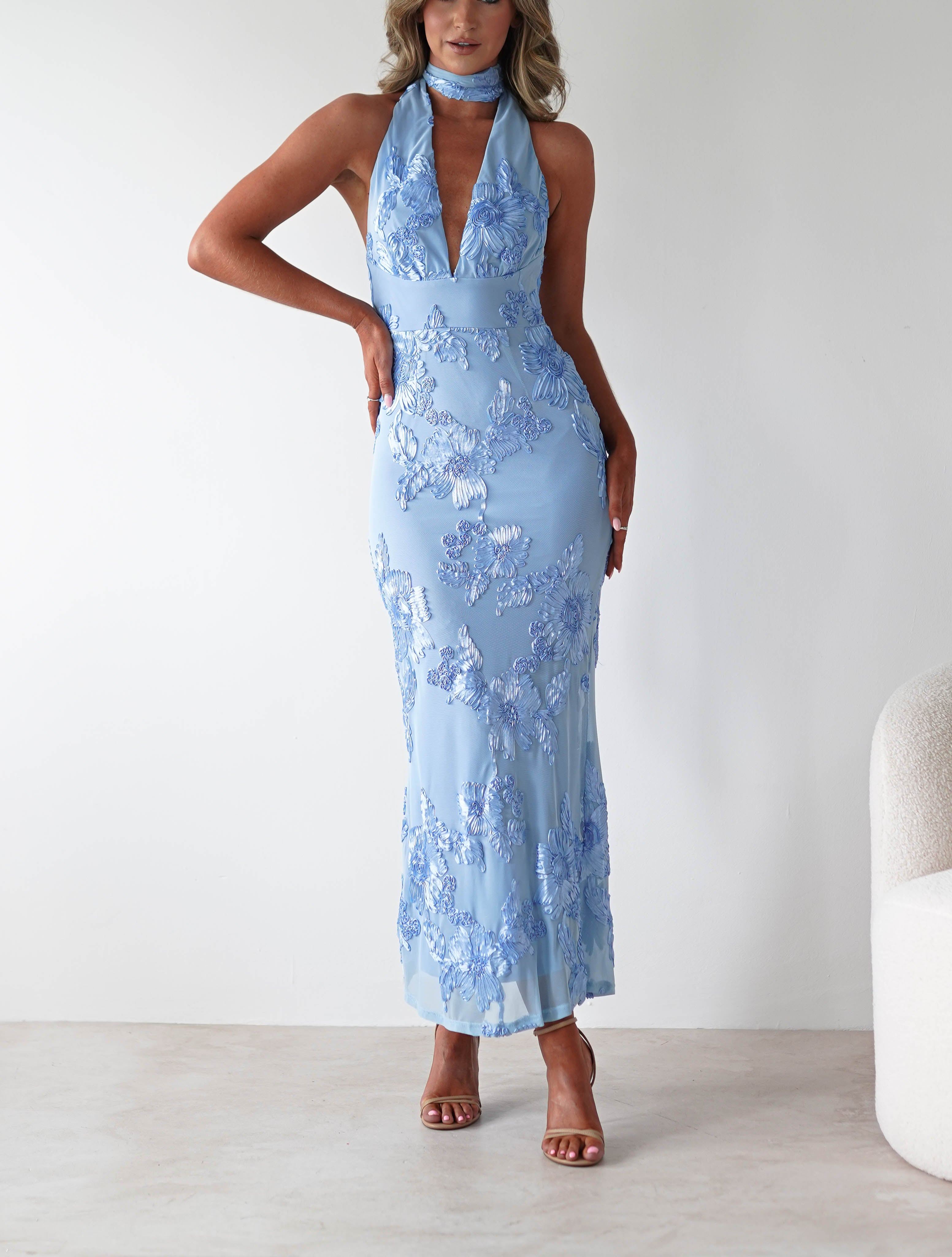 Halsey Tie Back Maxi Dress | Blue Textured