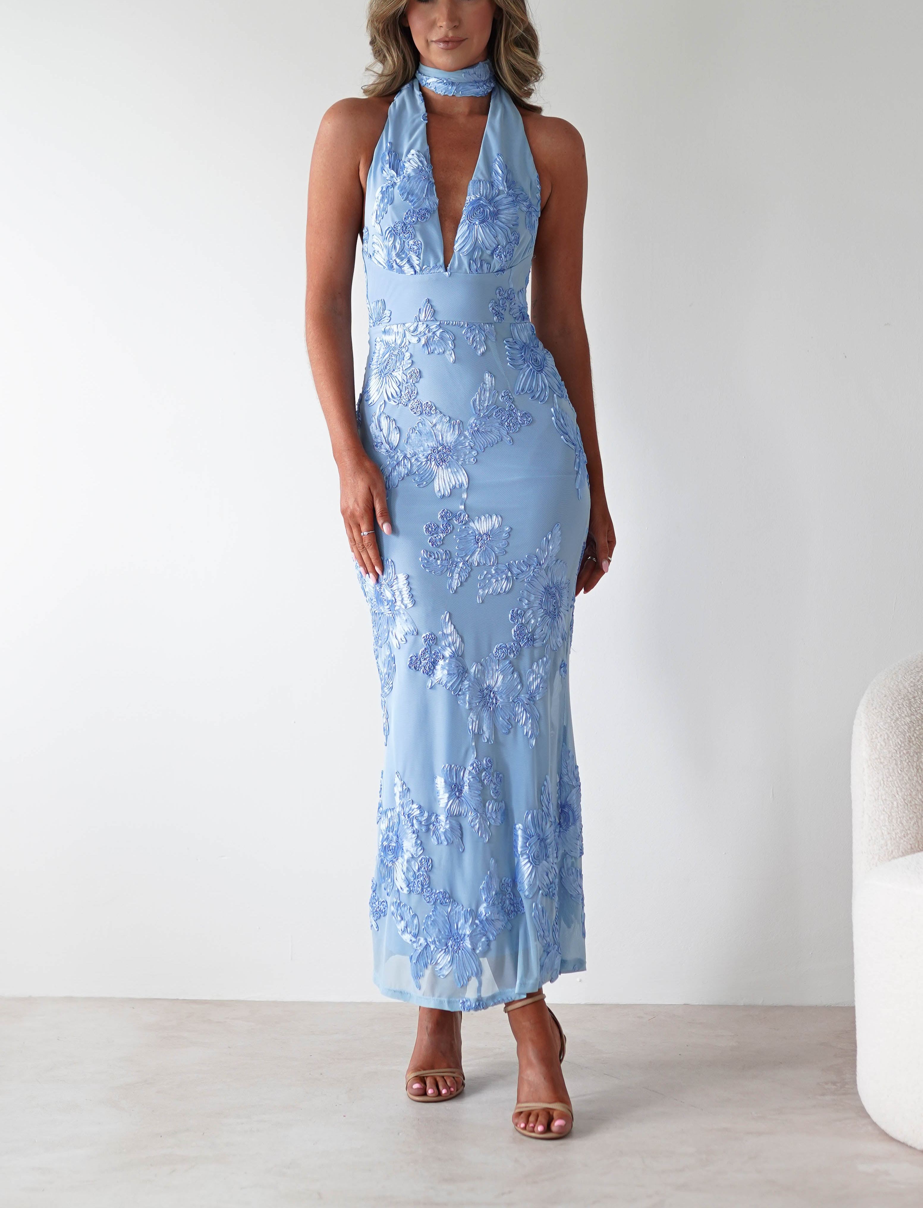 Halsey Tie Back Maxi Dress | Blue Textured