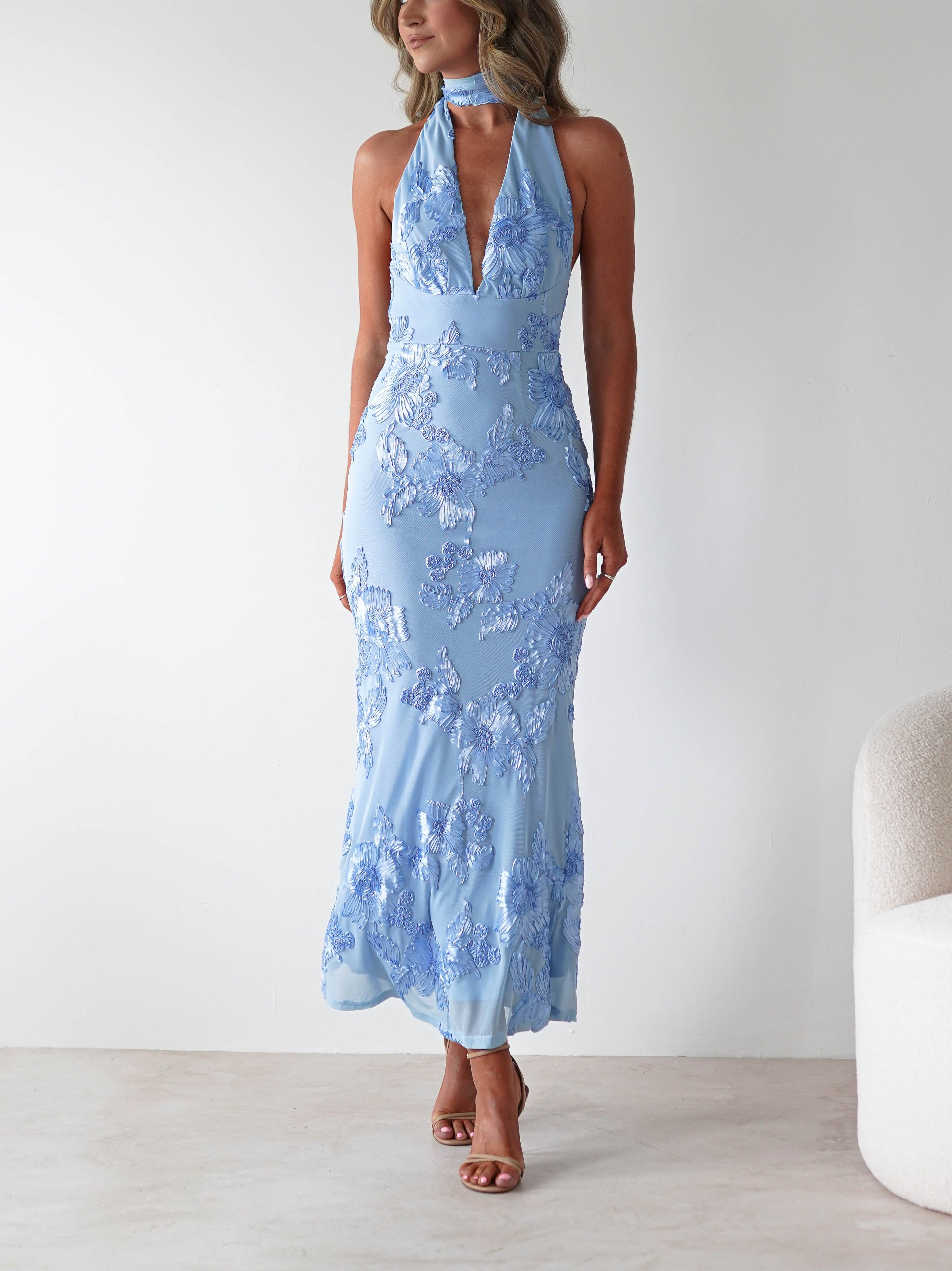 Halsey Tie Back Maxi Dress | Blue Textured