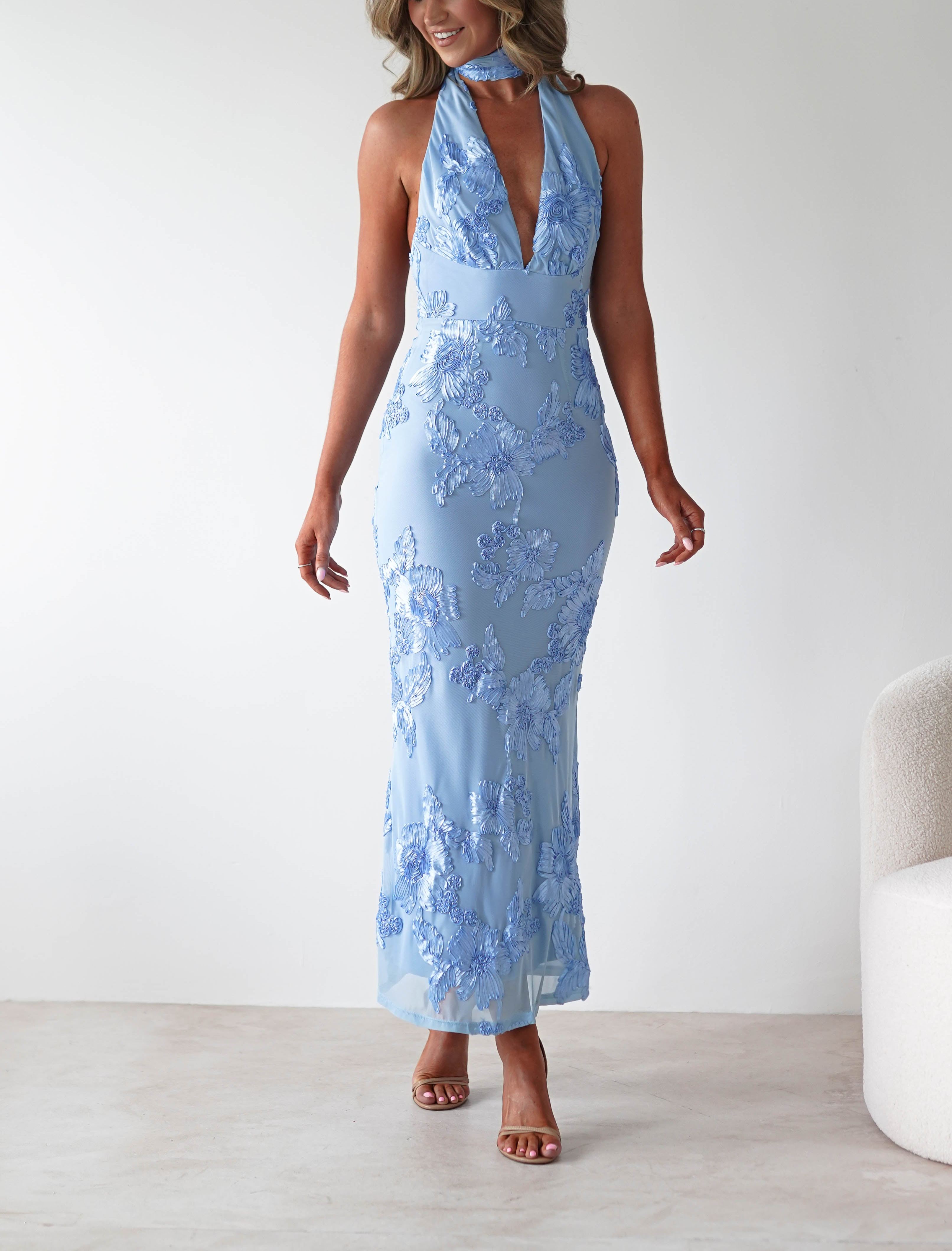 Halsey Tie Back Maxi Dress | Blue Textured