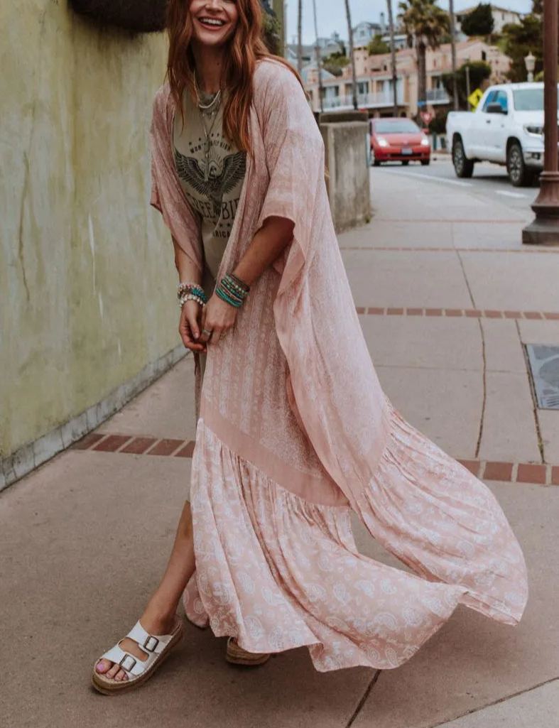 Paisley Tapestry Free Flow Duster Kimono - Blush