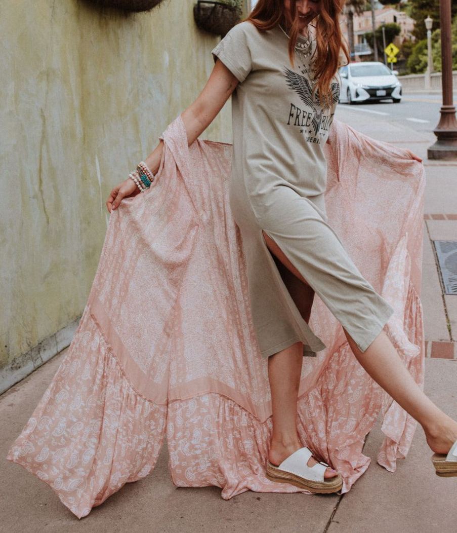 Paisley Tapestry Free Flow Duster Kimono - Blush